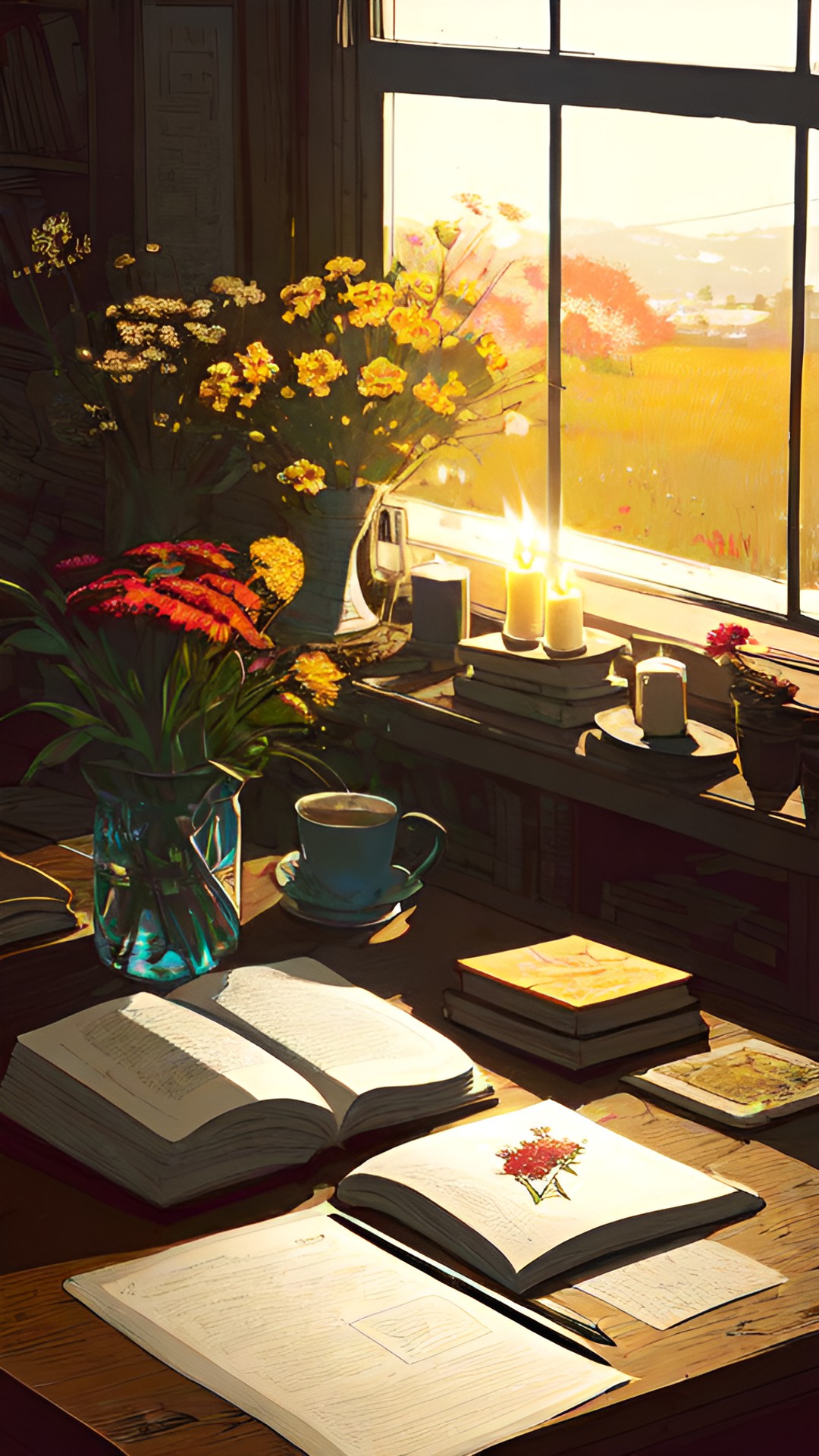 still life on a rustic table. candle. pressed flowers. pen and paper. book. golden hour. sun rays with motes of dust. grandma's house. preview