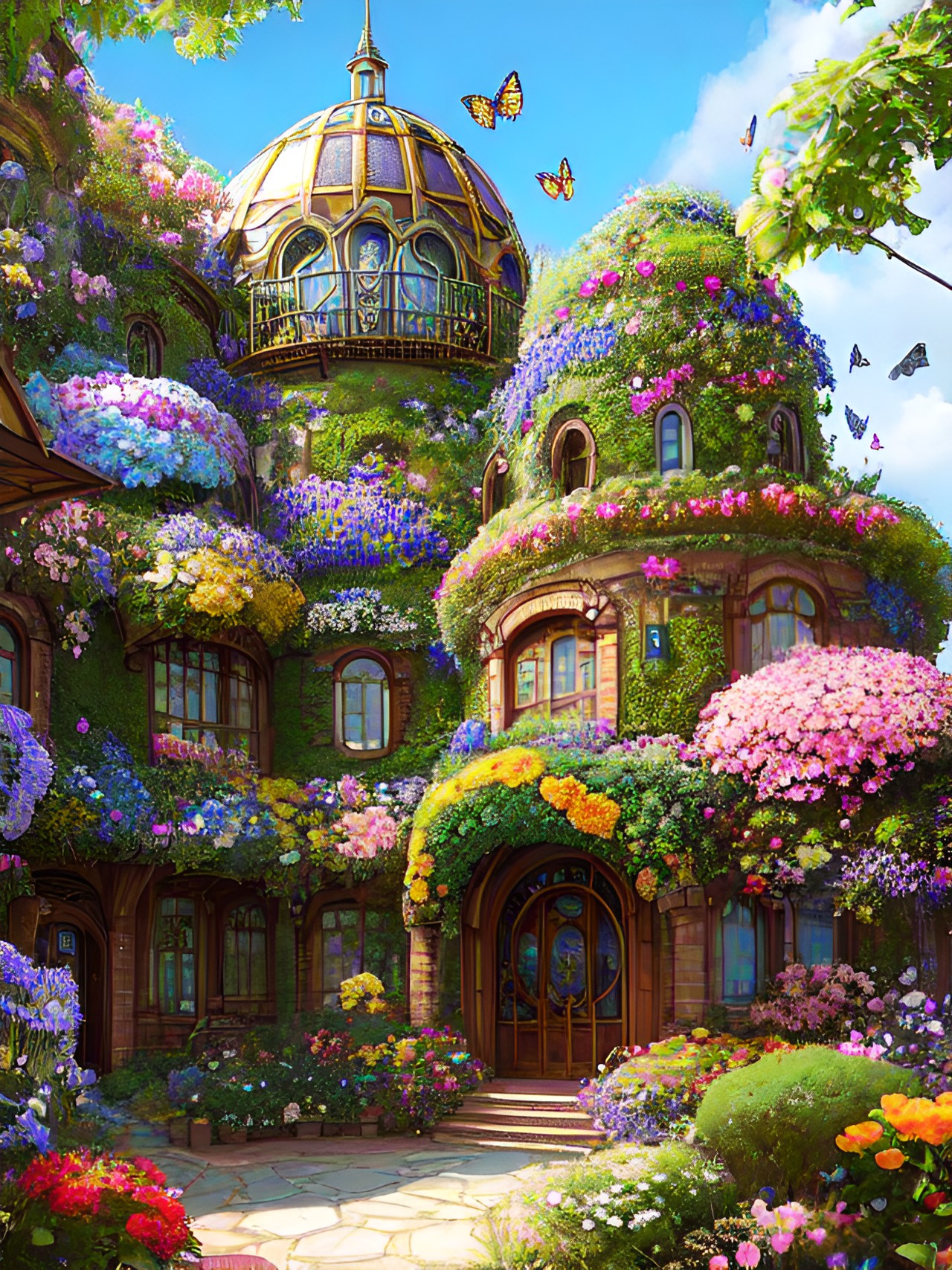 dome-shaped house surrounded by flower and butterfly gardens preview