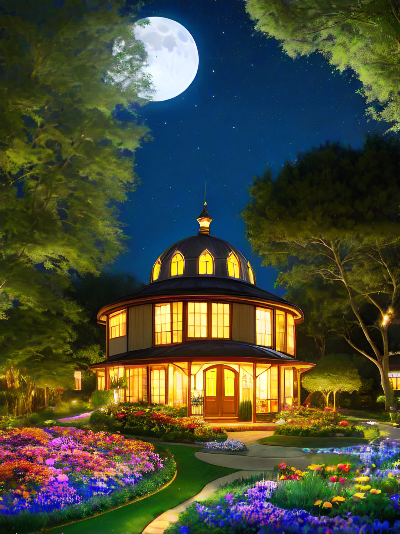 dome-shaped house surrounded by flower and butterfly gardens, in the night, stars shining, moon shining preview