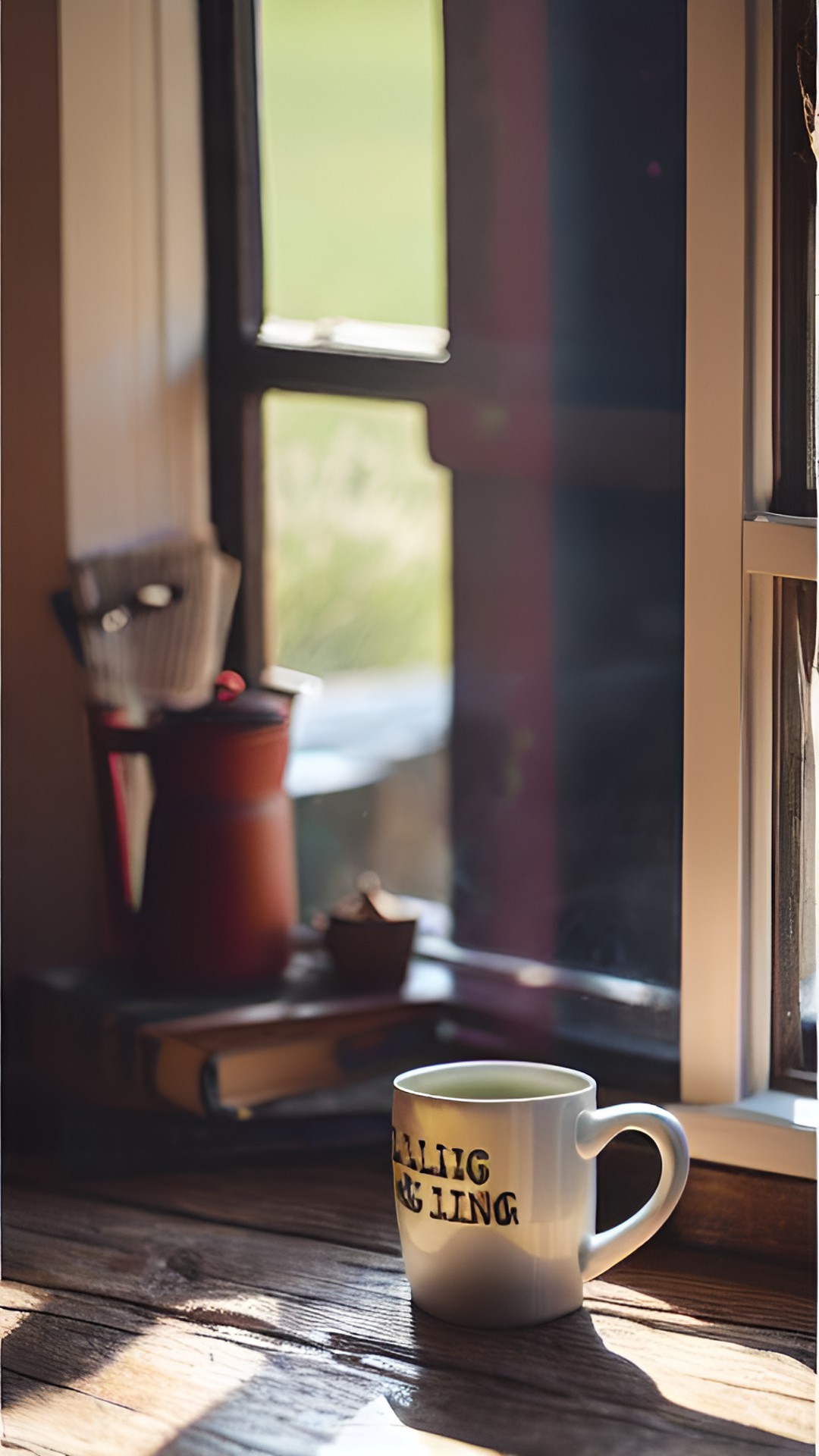 still life, mug of coffee and a newspaper on rustic table, morning light through window overlooking a meadow preview