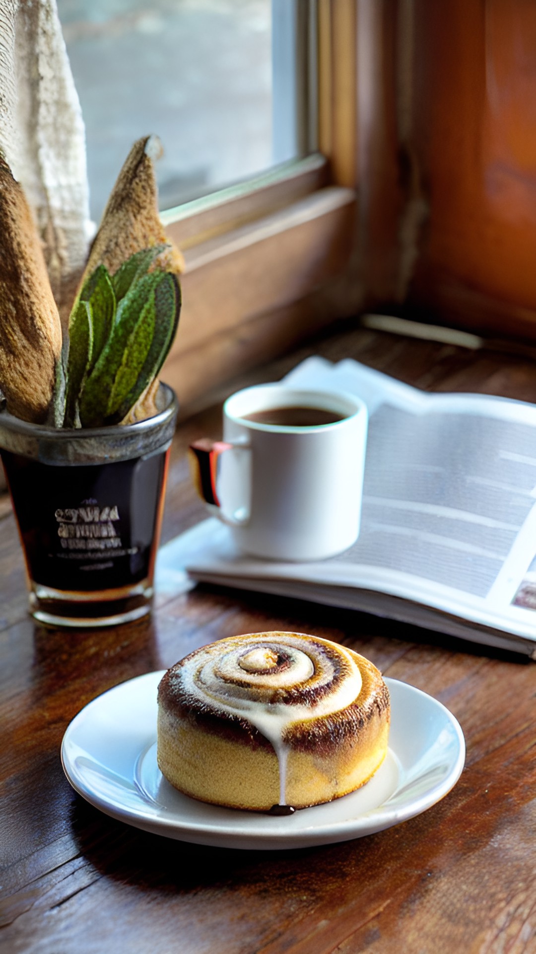 still life, mug of coffee, a cinnamon roll on a fancy dessert plate, and a newspaper on rustic table, morning light through window preview