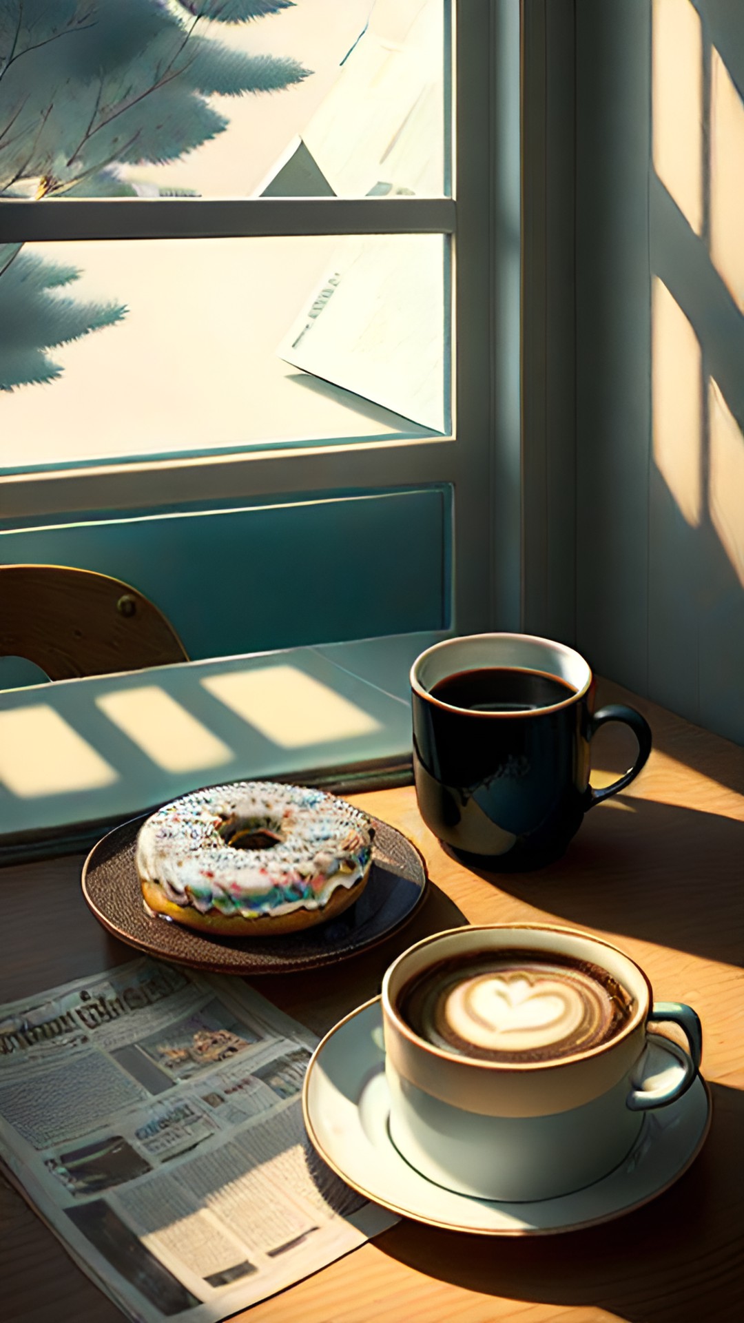 still life, mug of coffee, a doughnut on a fancy dessert plate, and a newspaper on rustic table, morning light through window preview