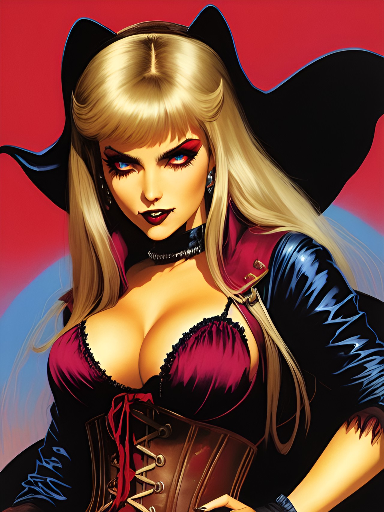 vampire woman with fangs , bloody wearing  corset ￼blond hair preview