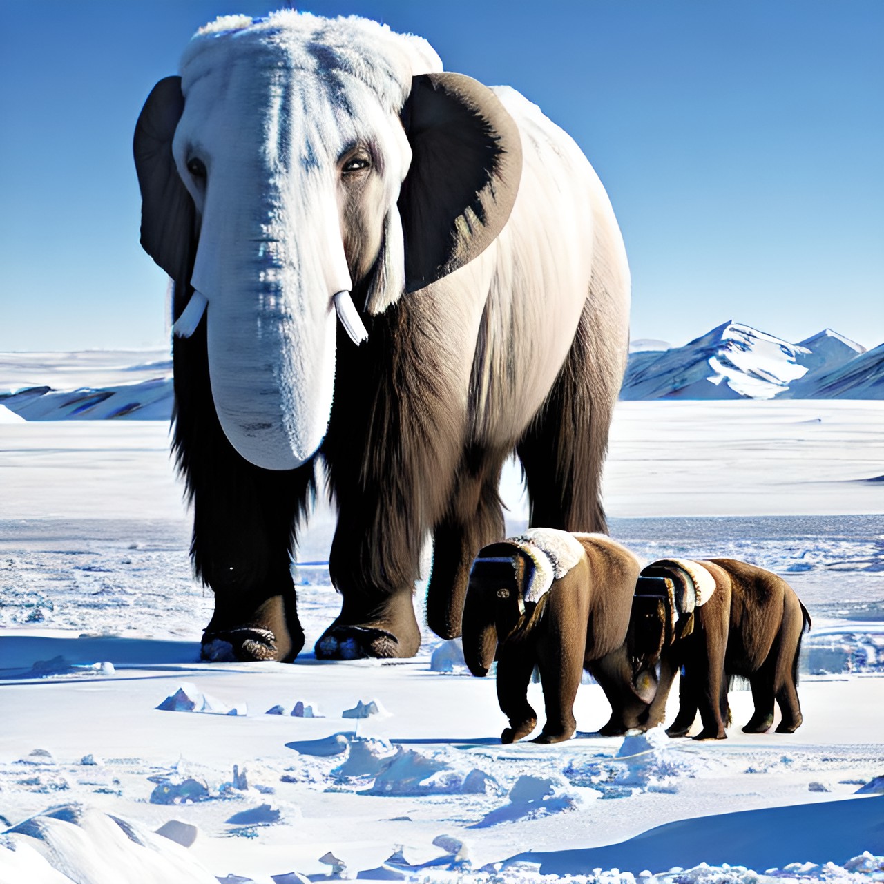 mammoth and her cubs - mammoth walking in the polar tundra preview