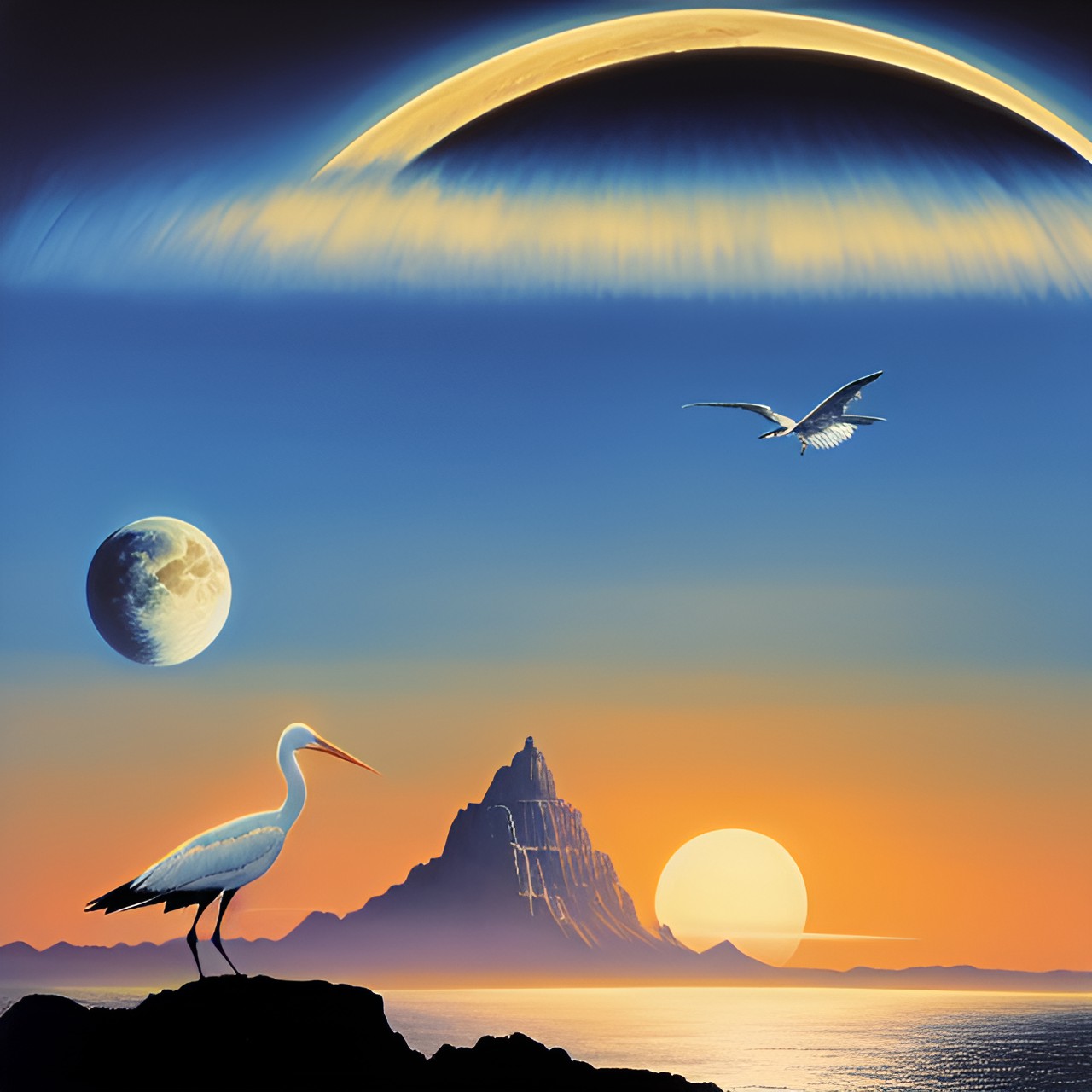 sunset - white stork, flying, sky, two moon, sunset, another world, mountain, sea preview