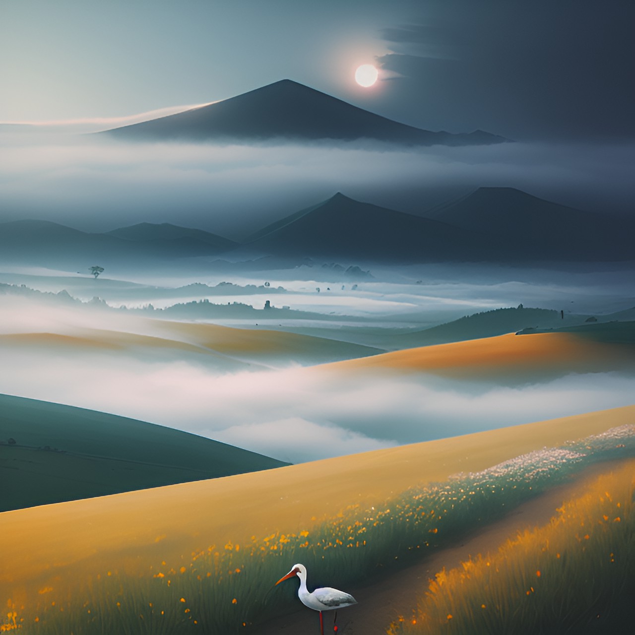 steppe - hills, fog, plain flowers, white stork, steppe, river, clouds preview