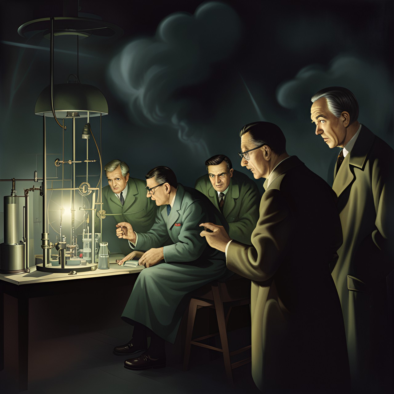 Openheimer found - openheimer explain to other scientist on atom experiment laboratory, mid close,1942s,portrait,dark scene,digital art preview