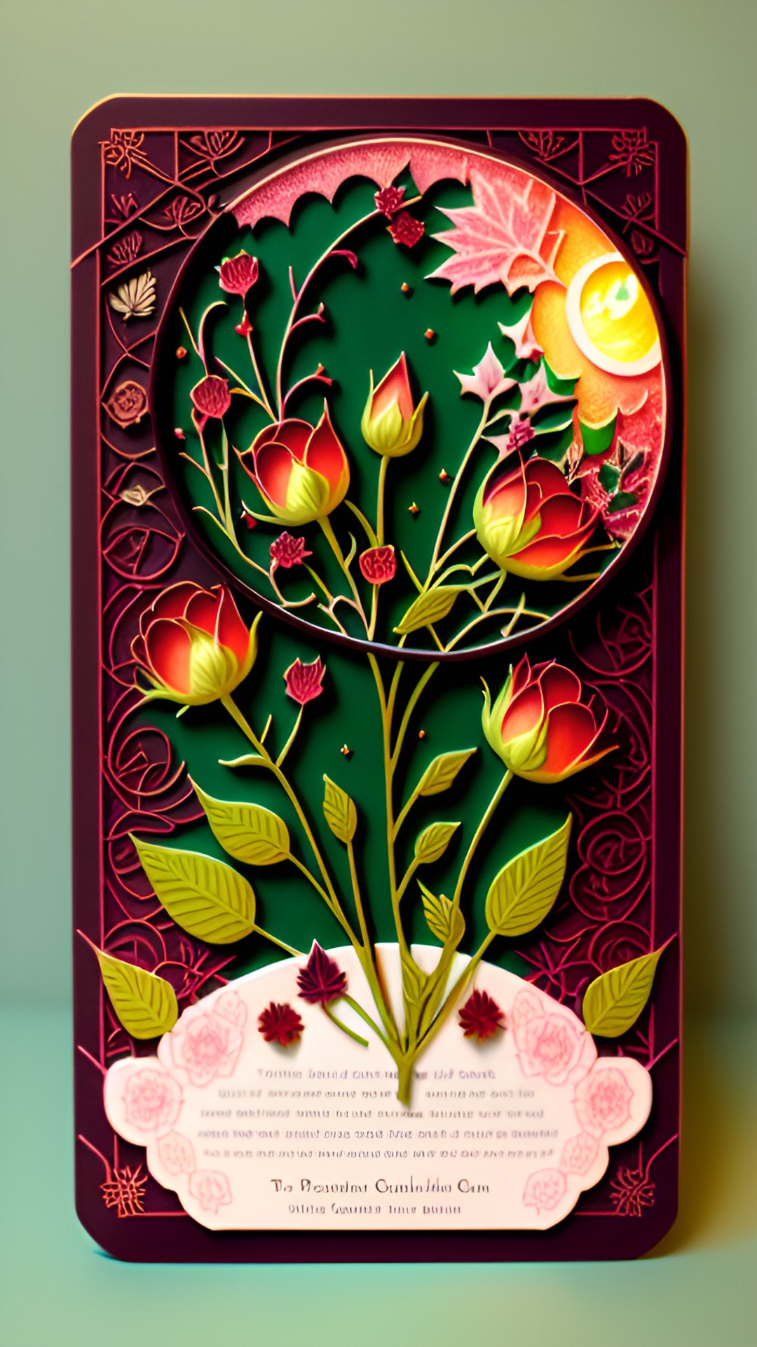 collection card - collection card intricate rose, tulip mix, highly detailed, red and green leafs, edges glowing bright 
under dimm moon light preview