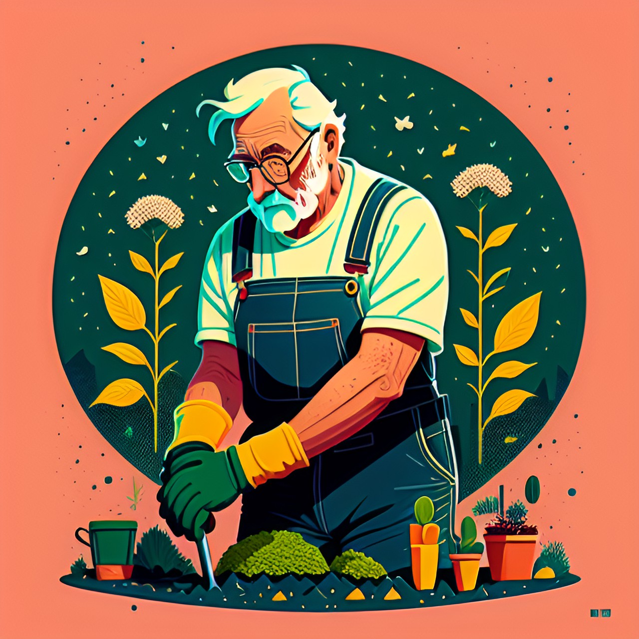 older man in overalls gardening preview