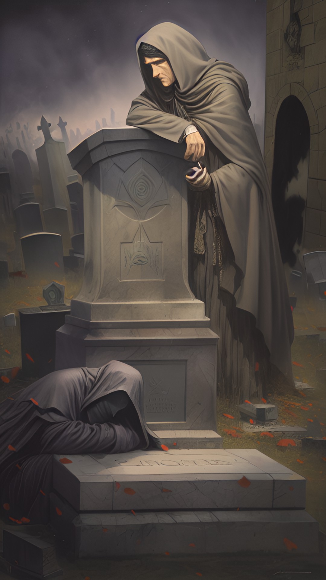 wip - cloaked figure bent over a tombstone, utterly devastated by loss preview