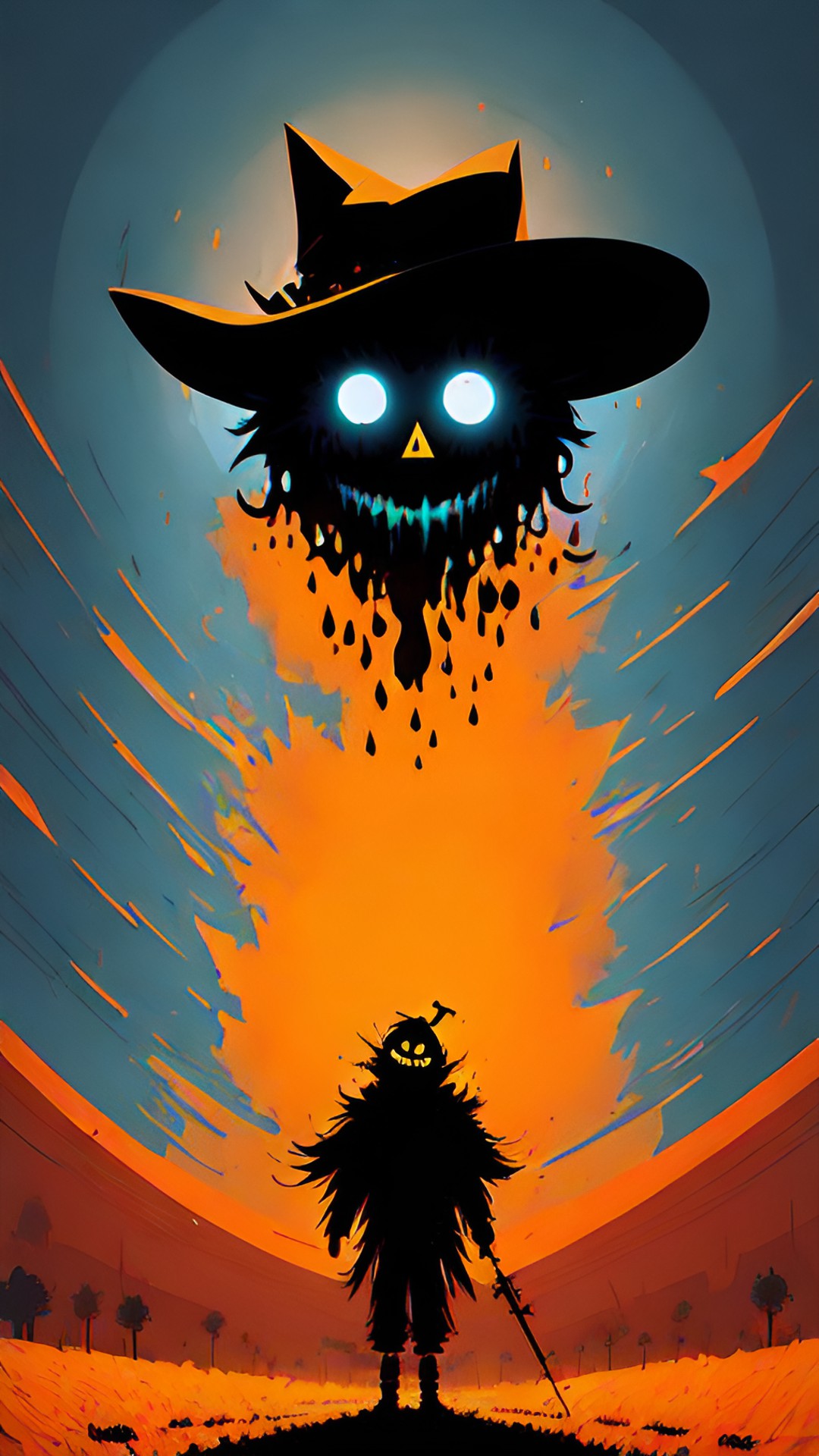 scarecrow from hell. melting flesh. toothy scream. in misty pumpkin patch. preview