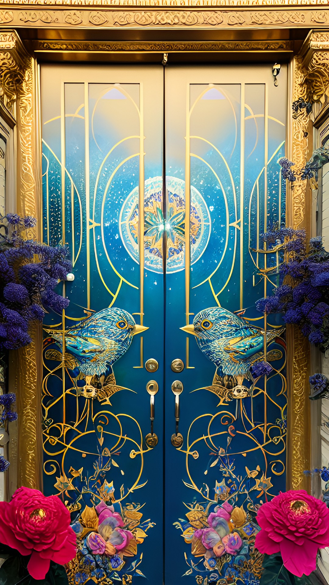 closed golden double doors, with stars and a lock in the middle, celestial preview