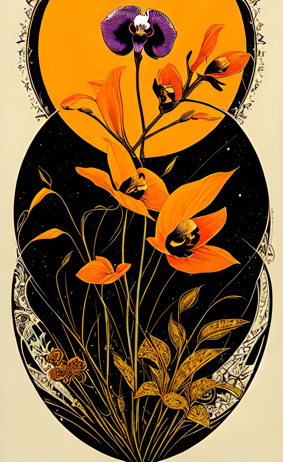 orchid two - black orchid with vine and circle in the back ground , yellow orange background preview