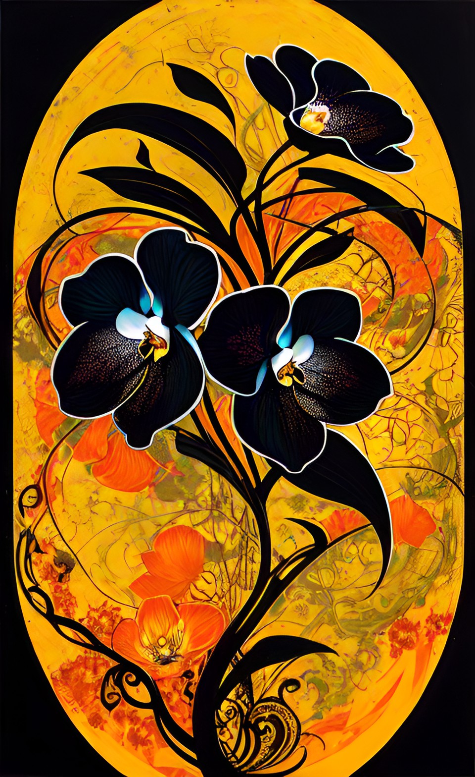 orchid 5 - black orchid with vine and circle in the background  , yellow orange background preview