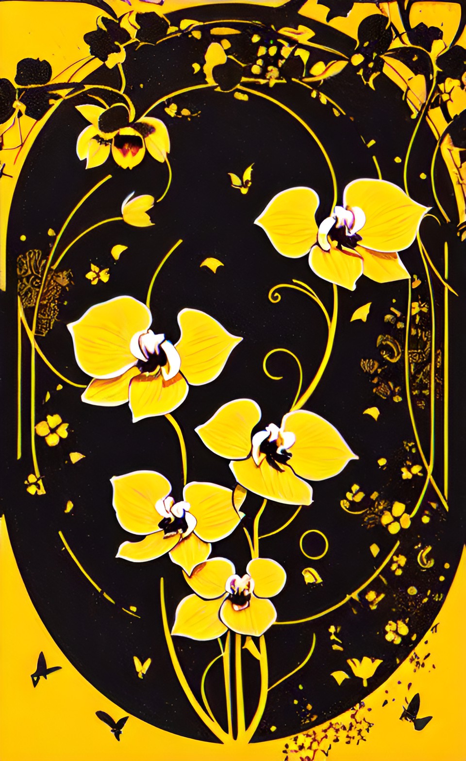 orchid three - black orchid with vine and circle in the background  , yellow orange background preview