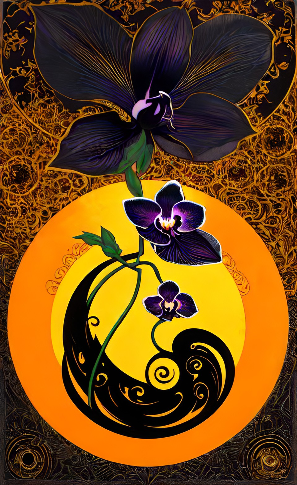 orchid seven - black orchid with vine and circle in the background  , yellow orange background preview