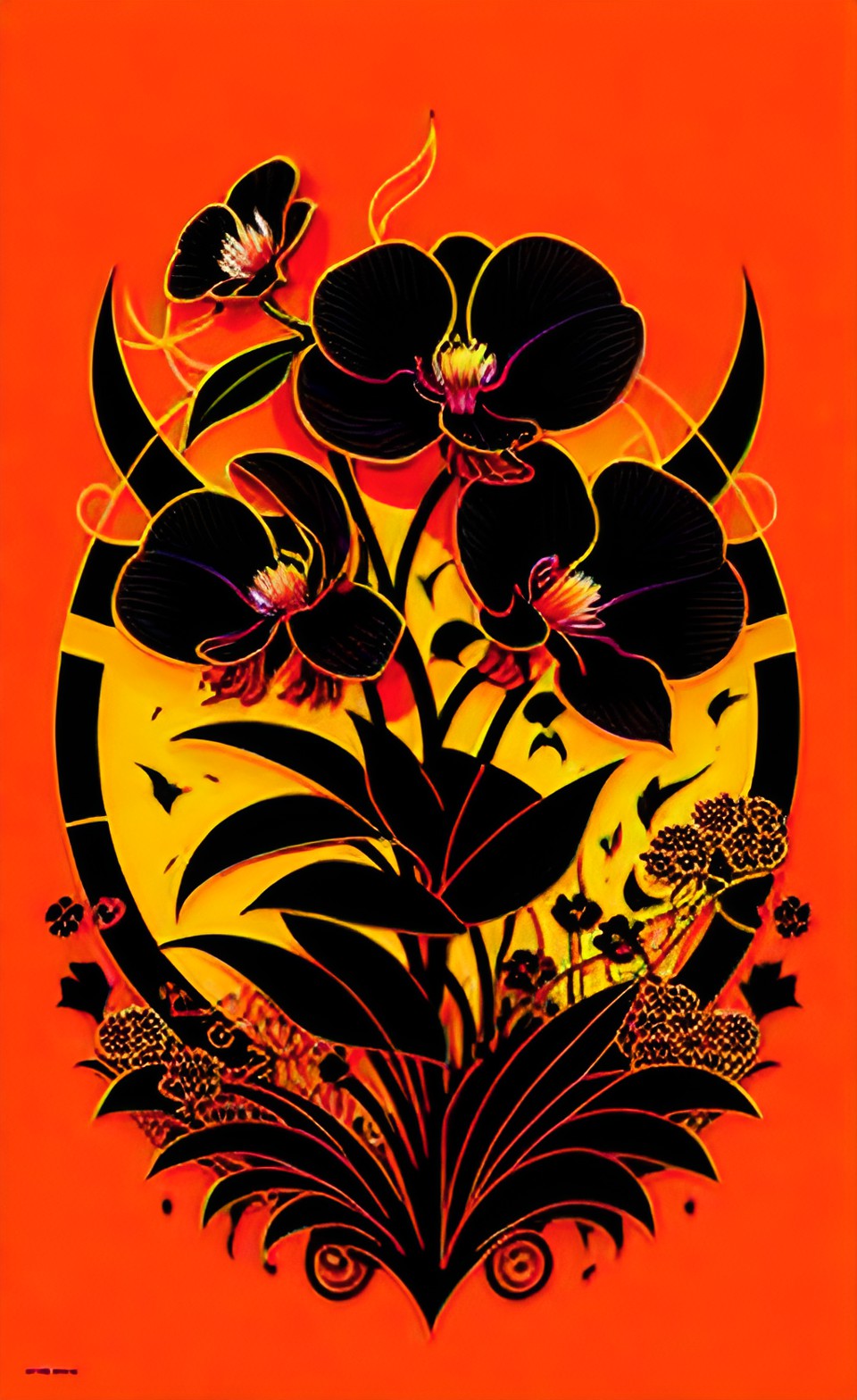 black orchid - black orchid with vine and circle in the background  , red, orange, yellow background preview