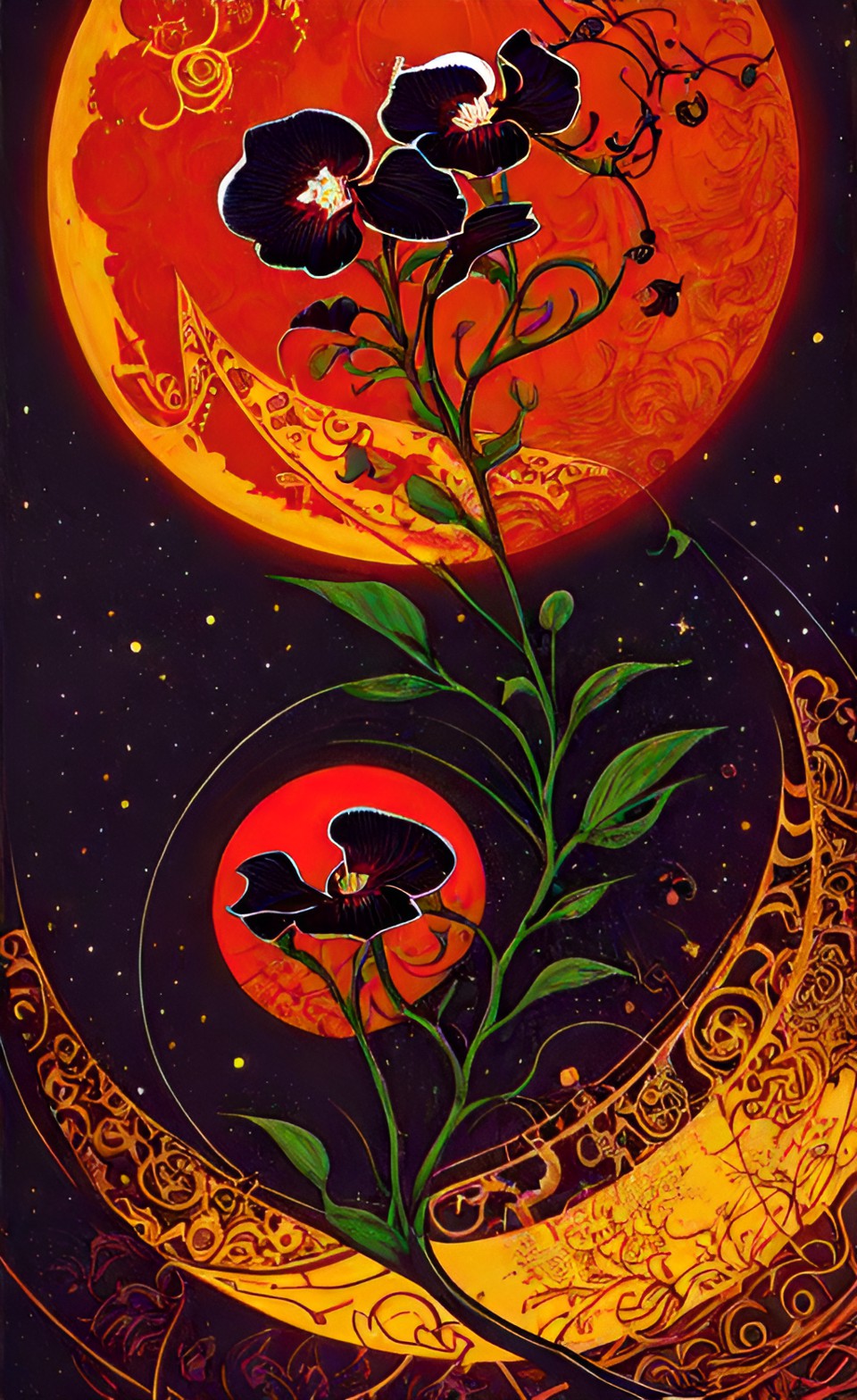 moon orchid - black orchid with vine and circle in the background  , red, orange, yellow background, moon preview