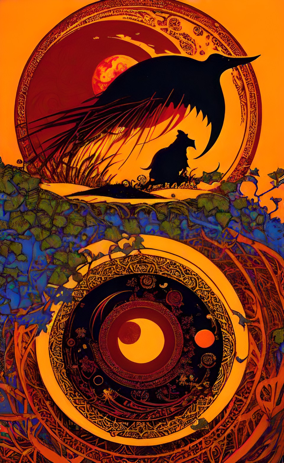 lotus - lotus eater, vine and circle in the background  , red, orange, yellow background, moon preview