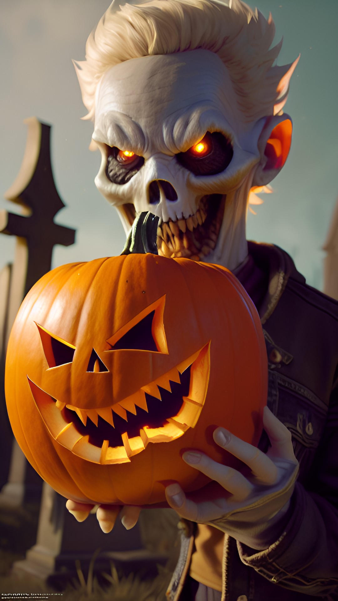 Halloween Gift - ghoul gnawing on a pumpkin in graveyard preview