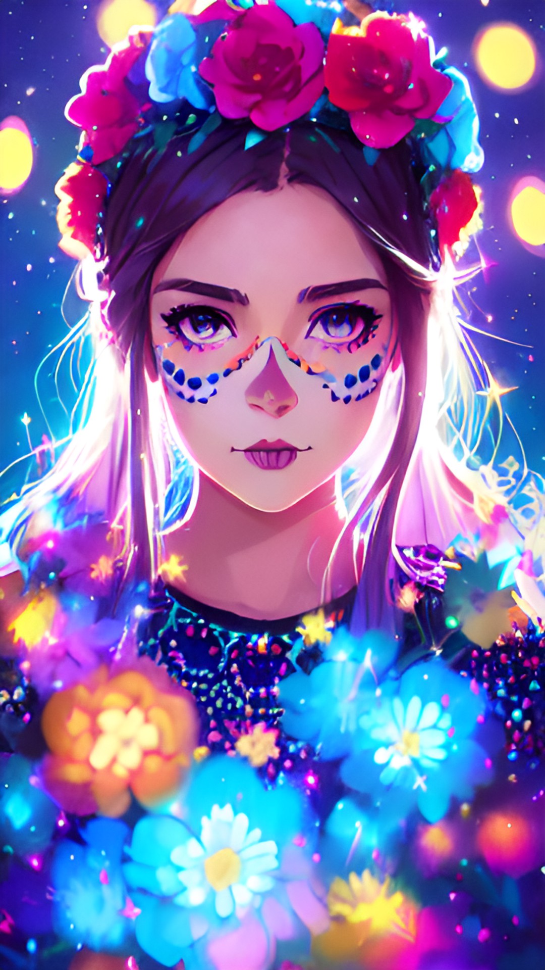 sugar skull woman wearing flower crown. sparkle and fairy lights preview