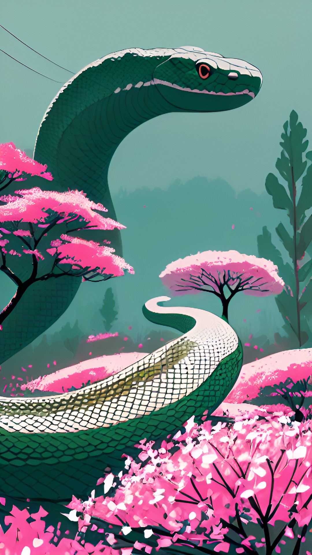 a snake slithering around a pink tree that has white blossoms on it preview