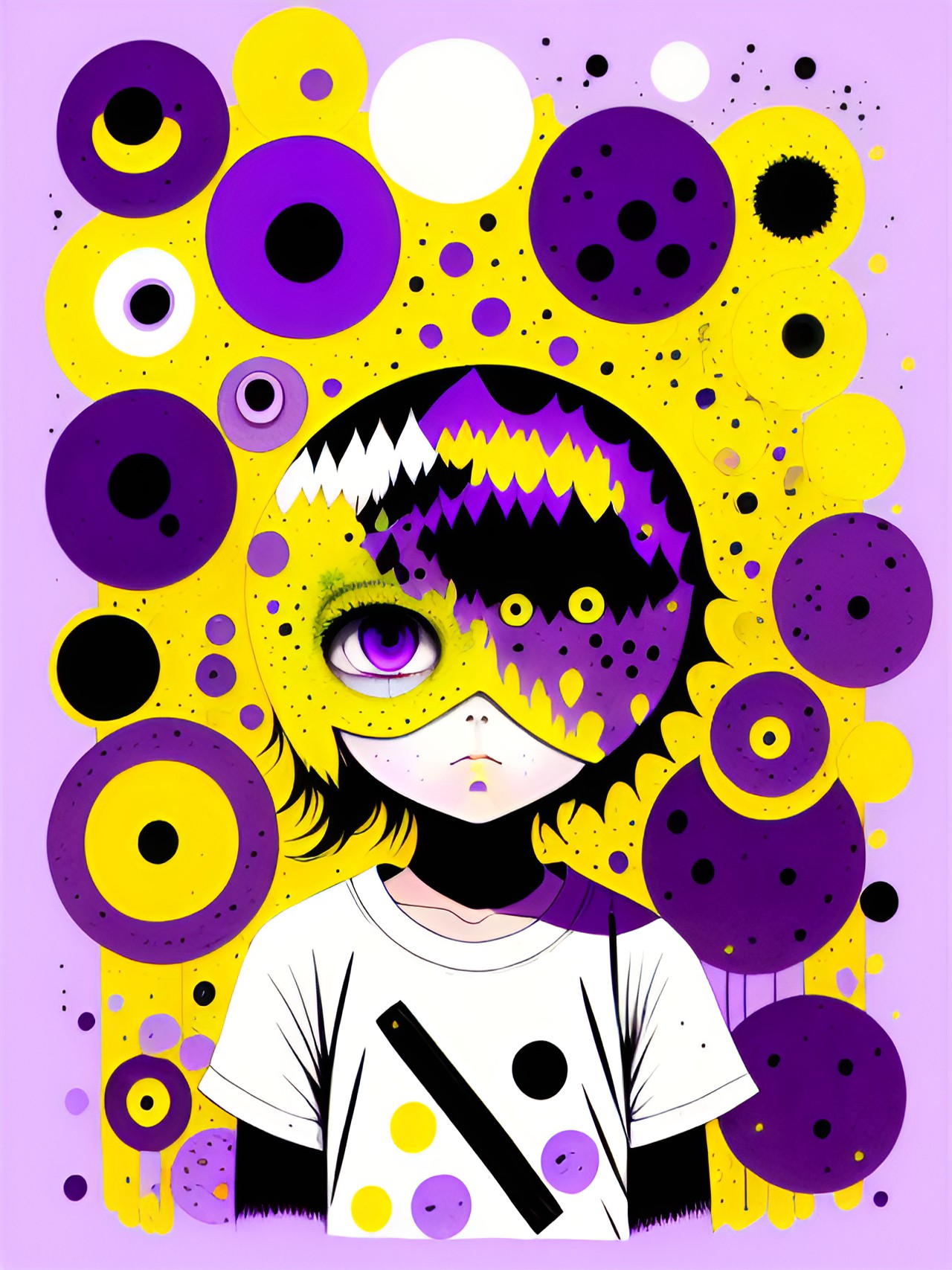 unintelligiblegender - face covered in eyeballs, purple yellow white black pastels preview