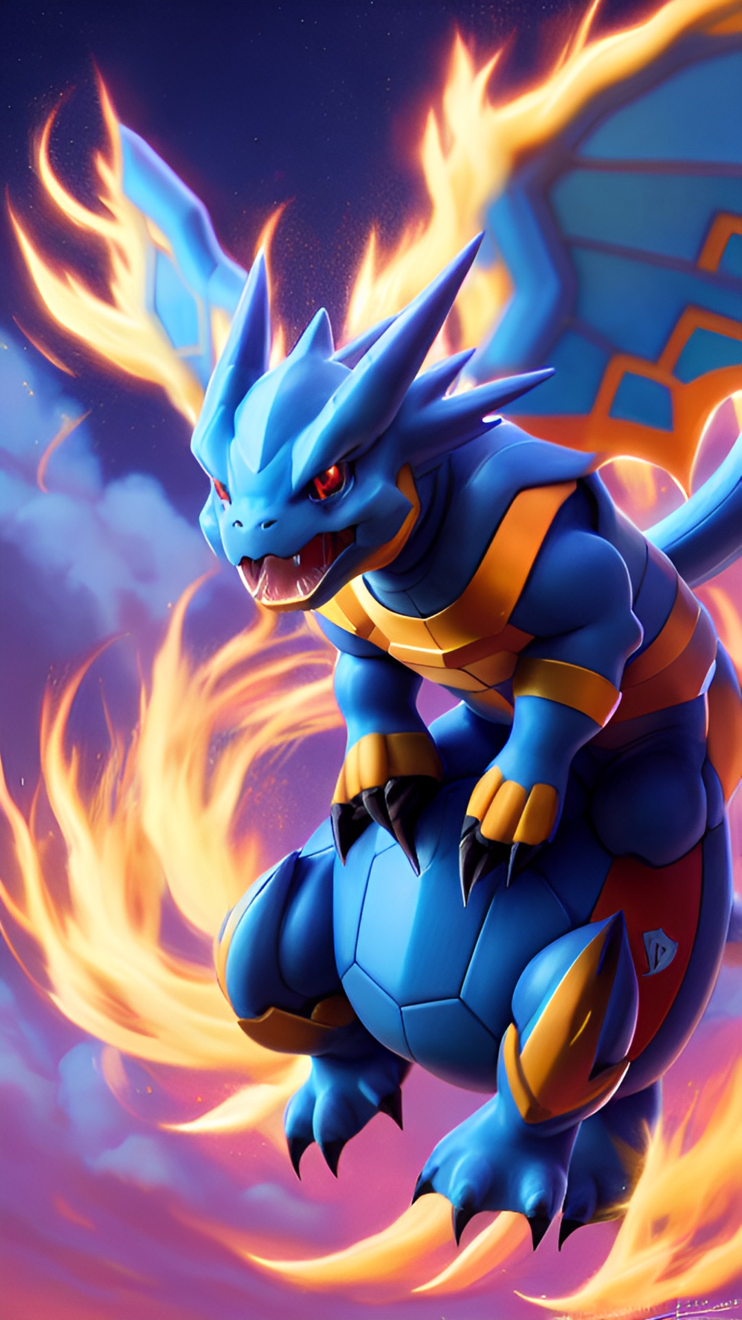 - a pokémon fusion, combining the elements of charizard and blastoise. it has fiery wings, a water cannon on its back, and a fierce yet watery demeanor. preview