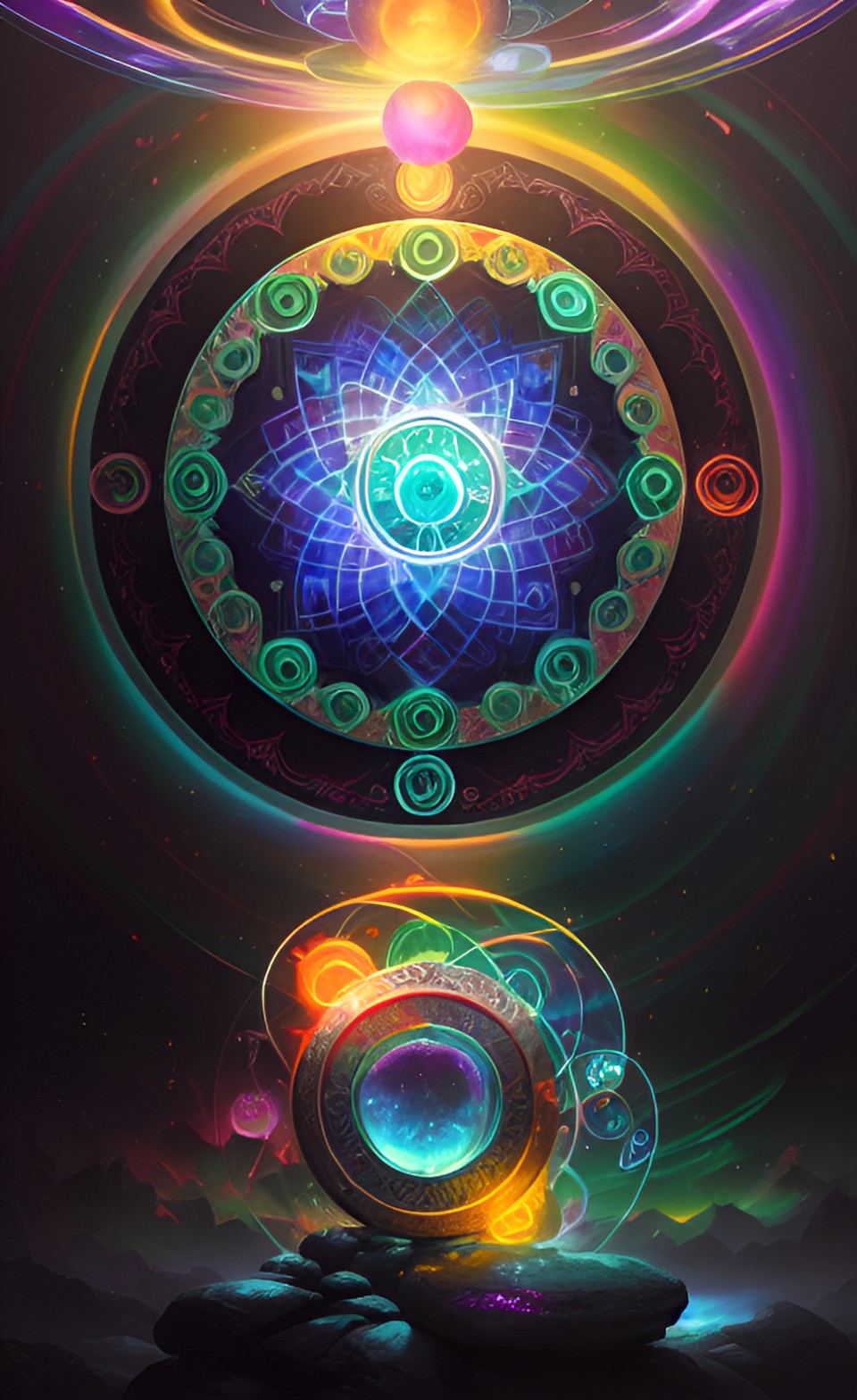 alchemical transcendence  - a stone is undergoing alchemical transcendence, surrounded by swirling energy and strange symbols. they are glowing with a bright light, epic feel. prismatic effects preview