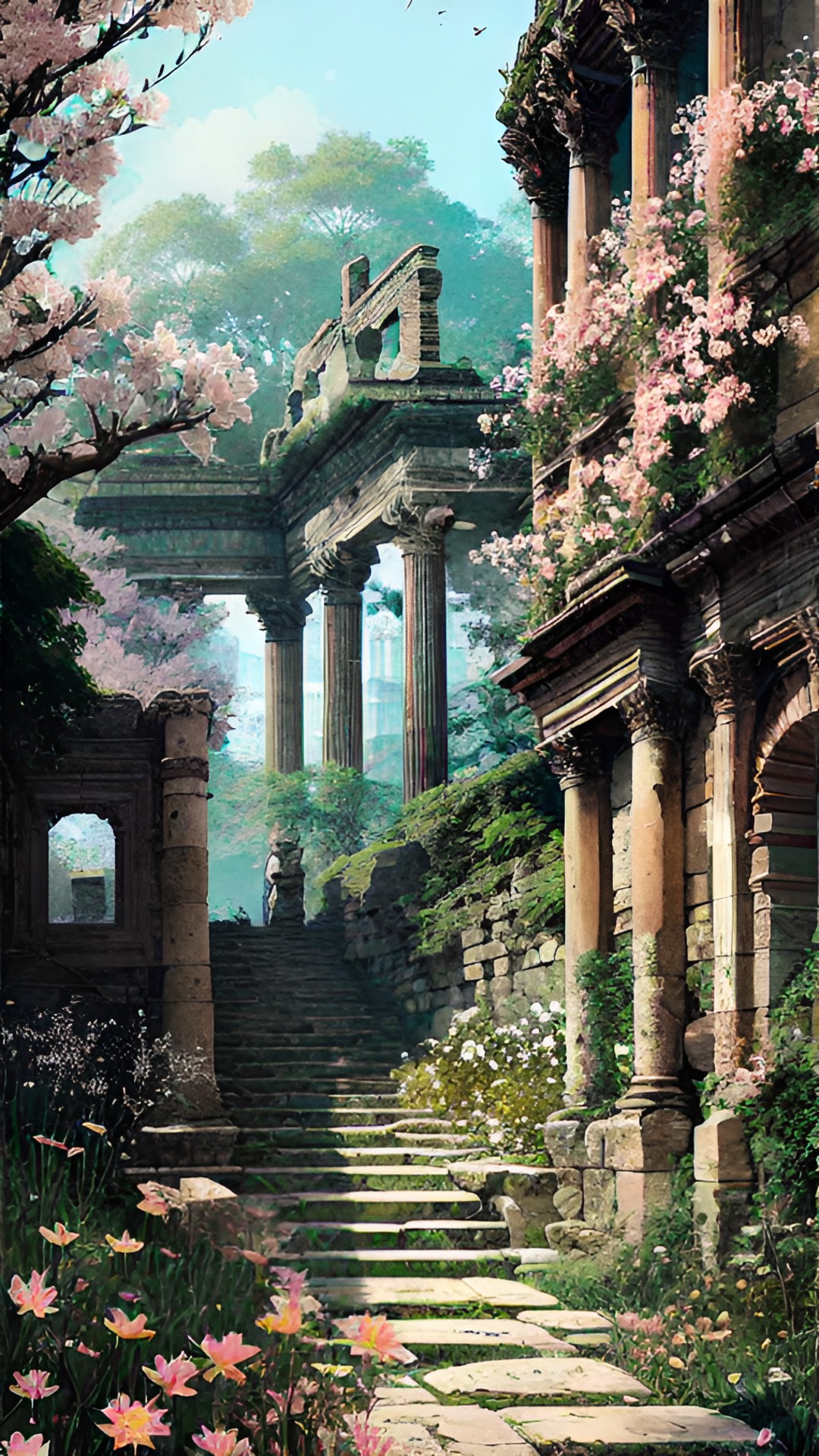 ancient roman ruins and a wild garden of flowers preview