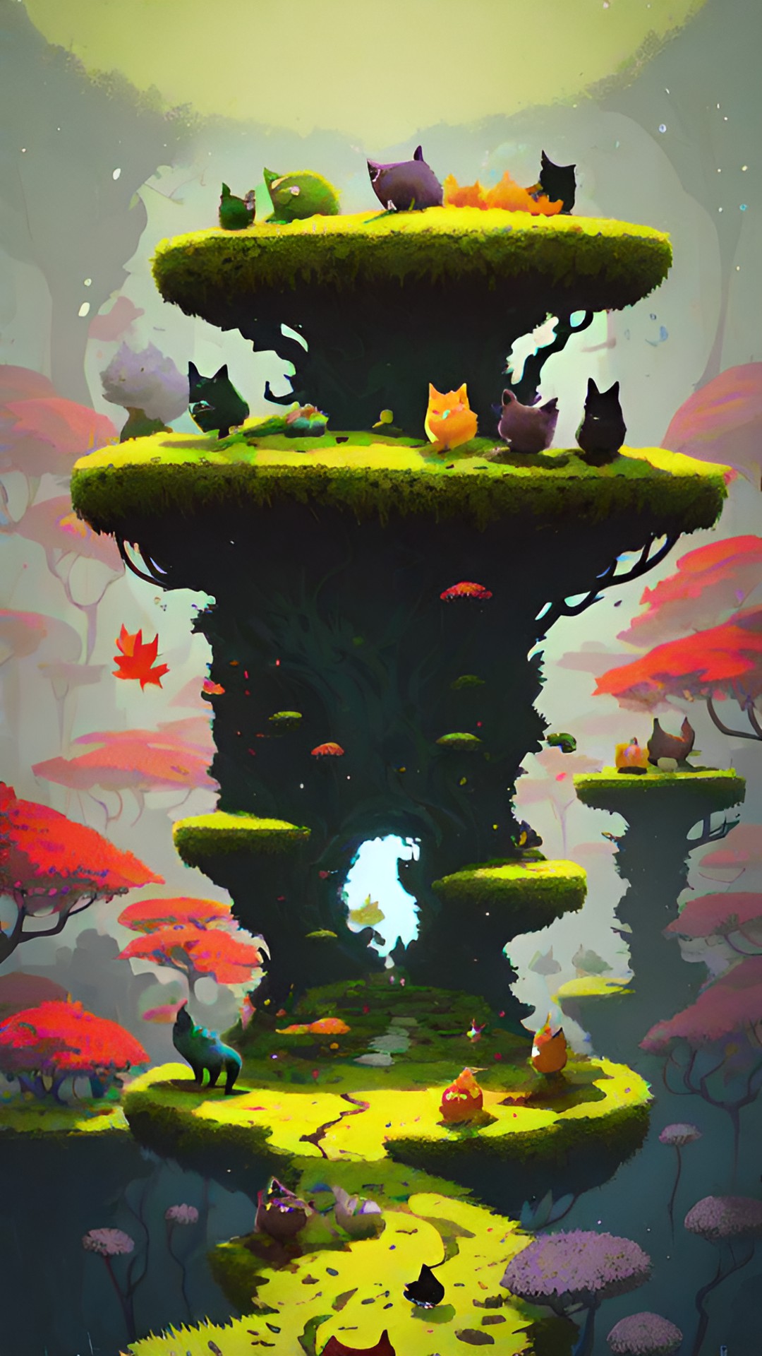 Moss Cat Haven - a group of moss cats covered in leaves and moss, they play around together preview