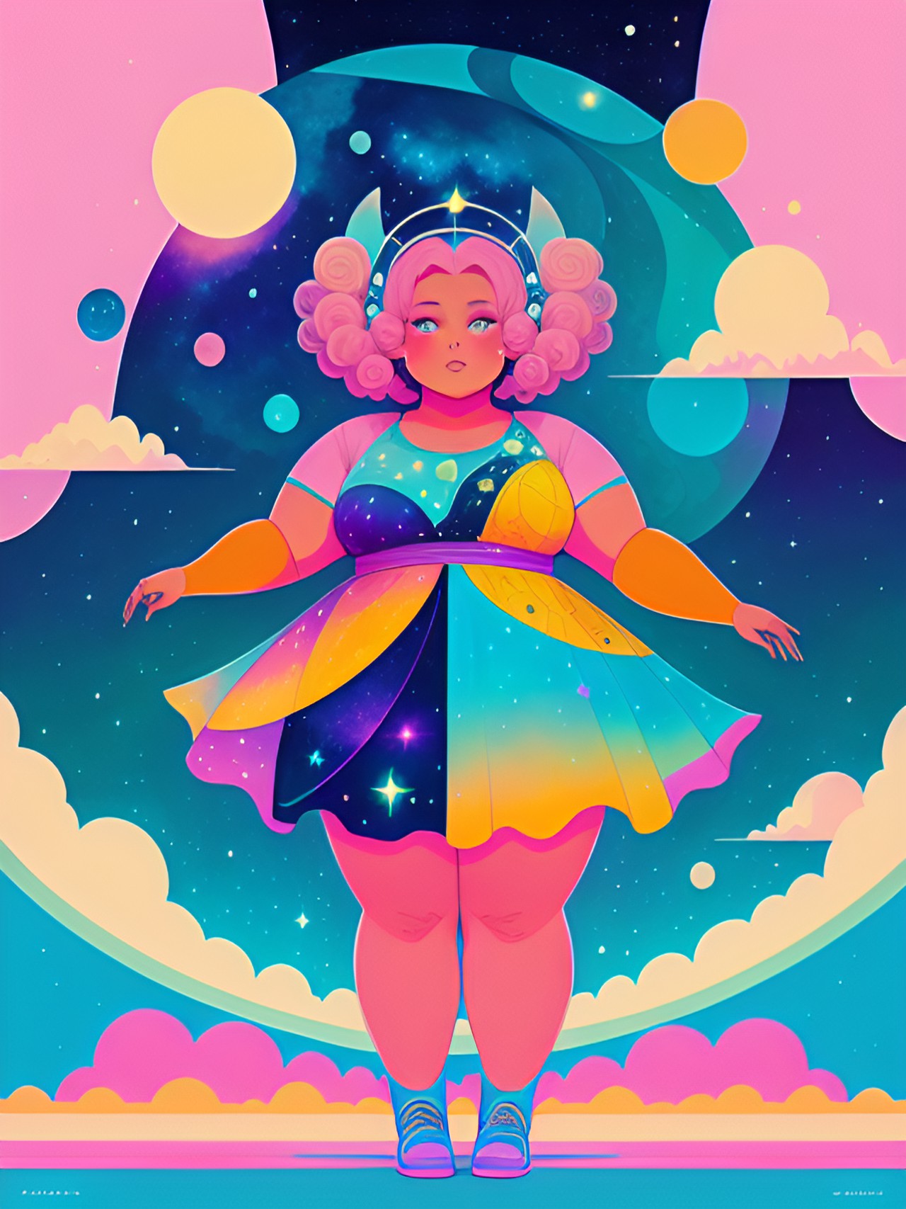 portrait of a plus sized alien space princess with a look of wonder and awe in her eyes in a dynamic pose with elegant hands and bare feet inspired by loish and lisa frank preview