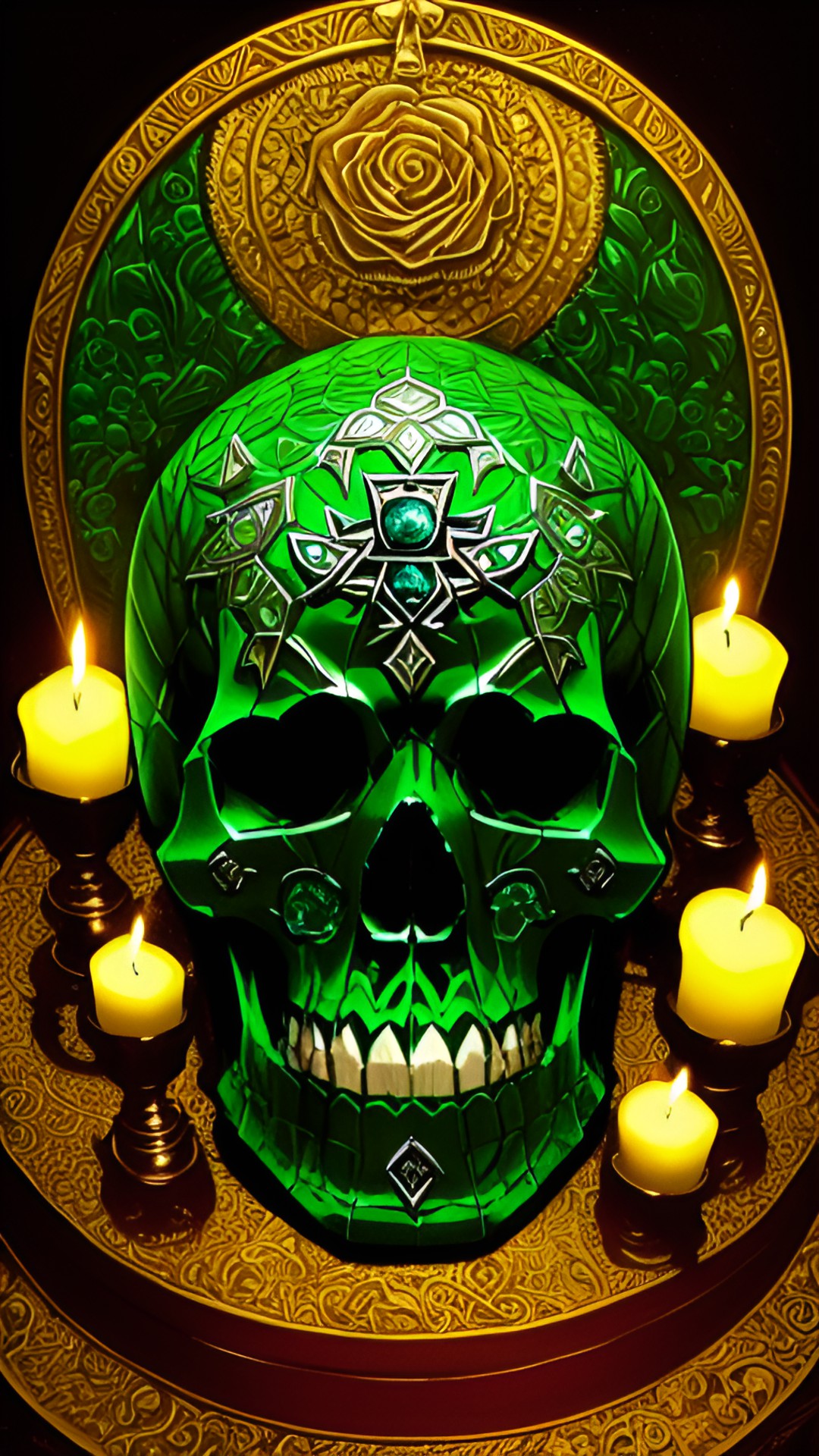 emerald skull in coffin, - an intricately detailed emerald skull resting inside a mahogany coffin, surrounded by flickering candlelight and cloaked in a mysterious aura." preview