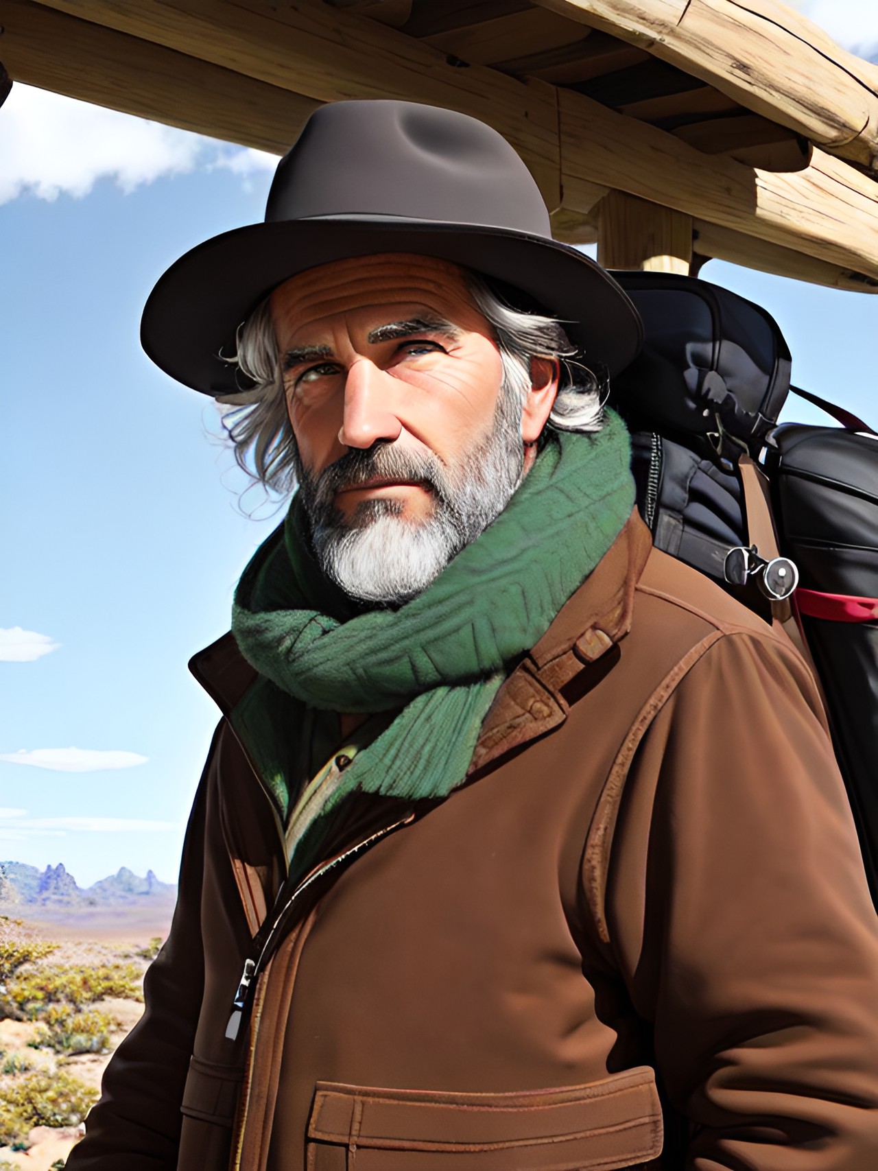 ruggedly handsome middle-aged man setting out on a grand wilderness adventure preview