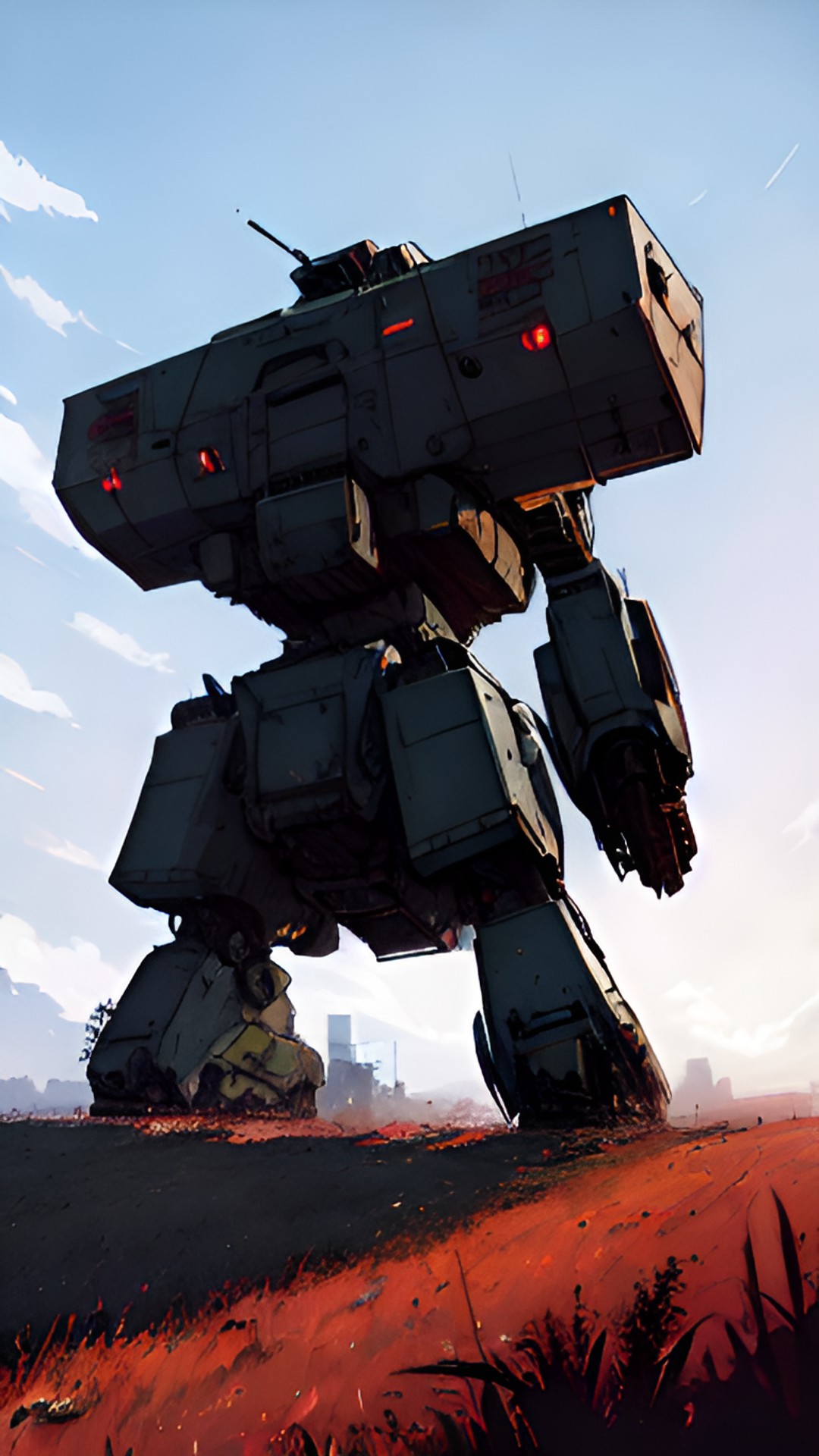 an abandoned  armed camouflaged battle mech with bullet holes standing in a field preview