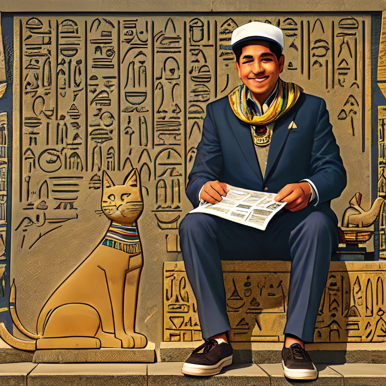 Early Edition - man sitting with a newspaper smiling with an egyptian cat statue with a stone slab of hieroglyphics in the background preview