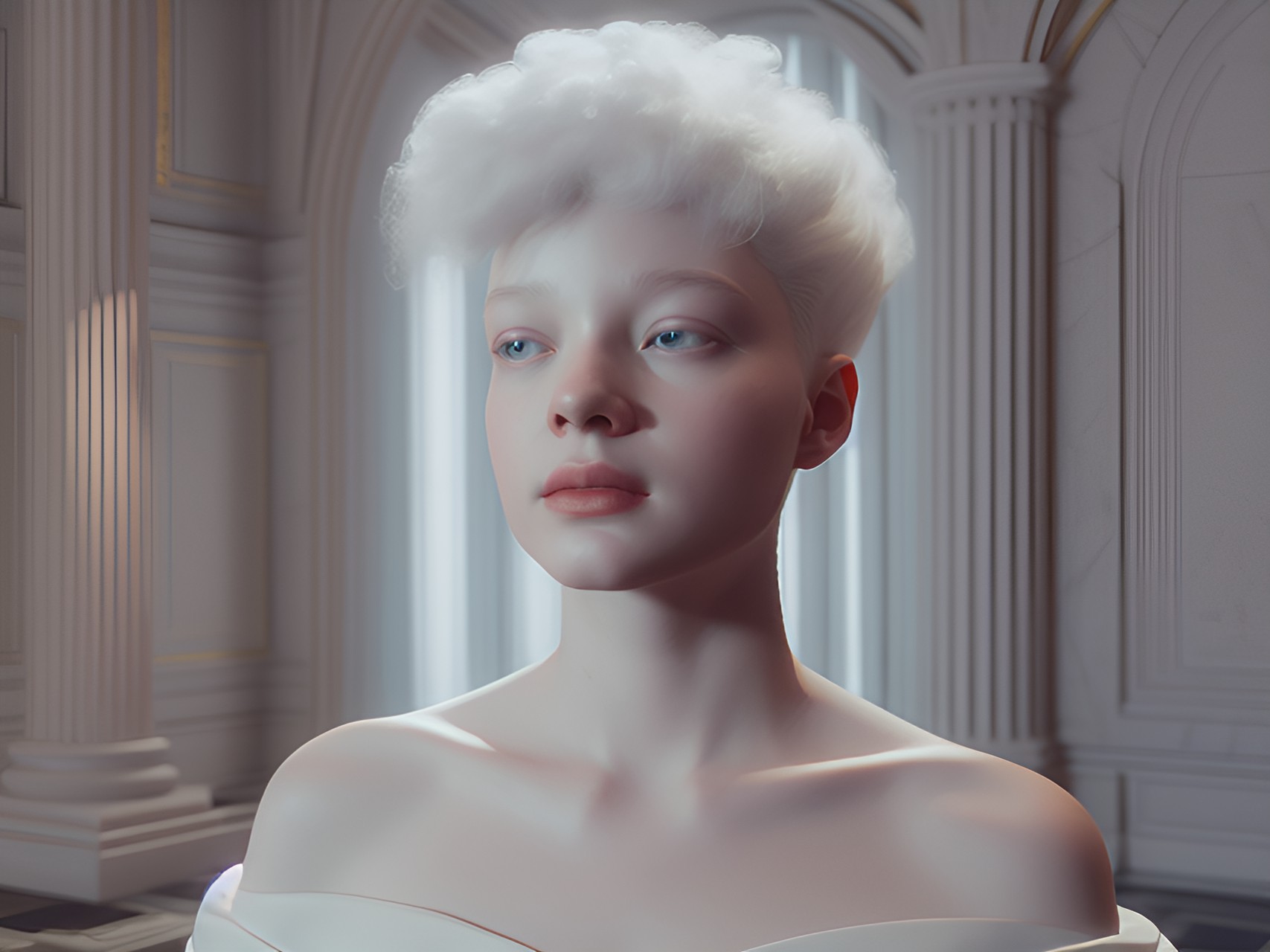 bathed in soft, dramatic lighting, each ensemble captures the essence of purity and grace, reflecting the timeless allure of an albino muse. preview