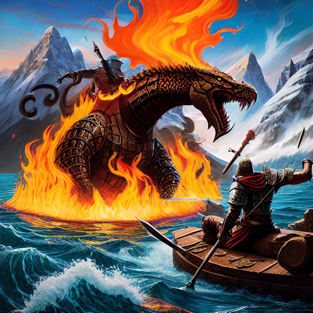 Fiery Beast - giant snake lord arising from a fiery lake to attack a knight surrounded by mountains preview