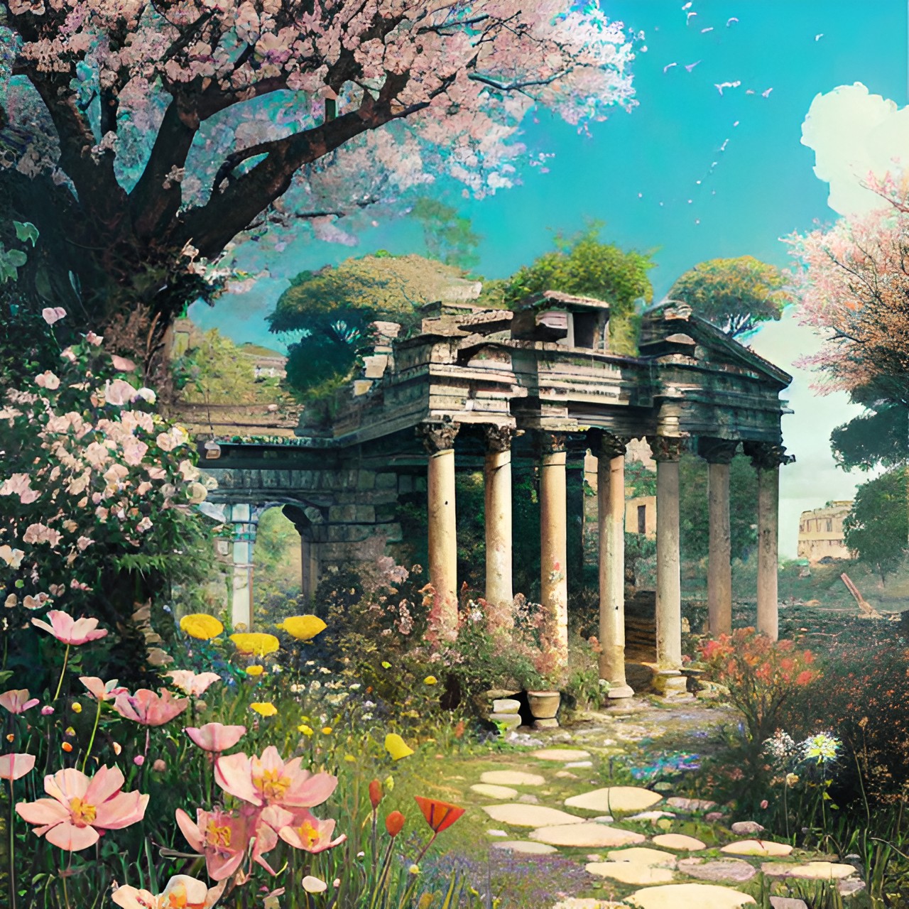 ancient roman ruins and a wild garden of flowers preview