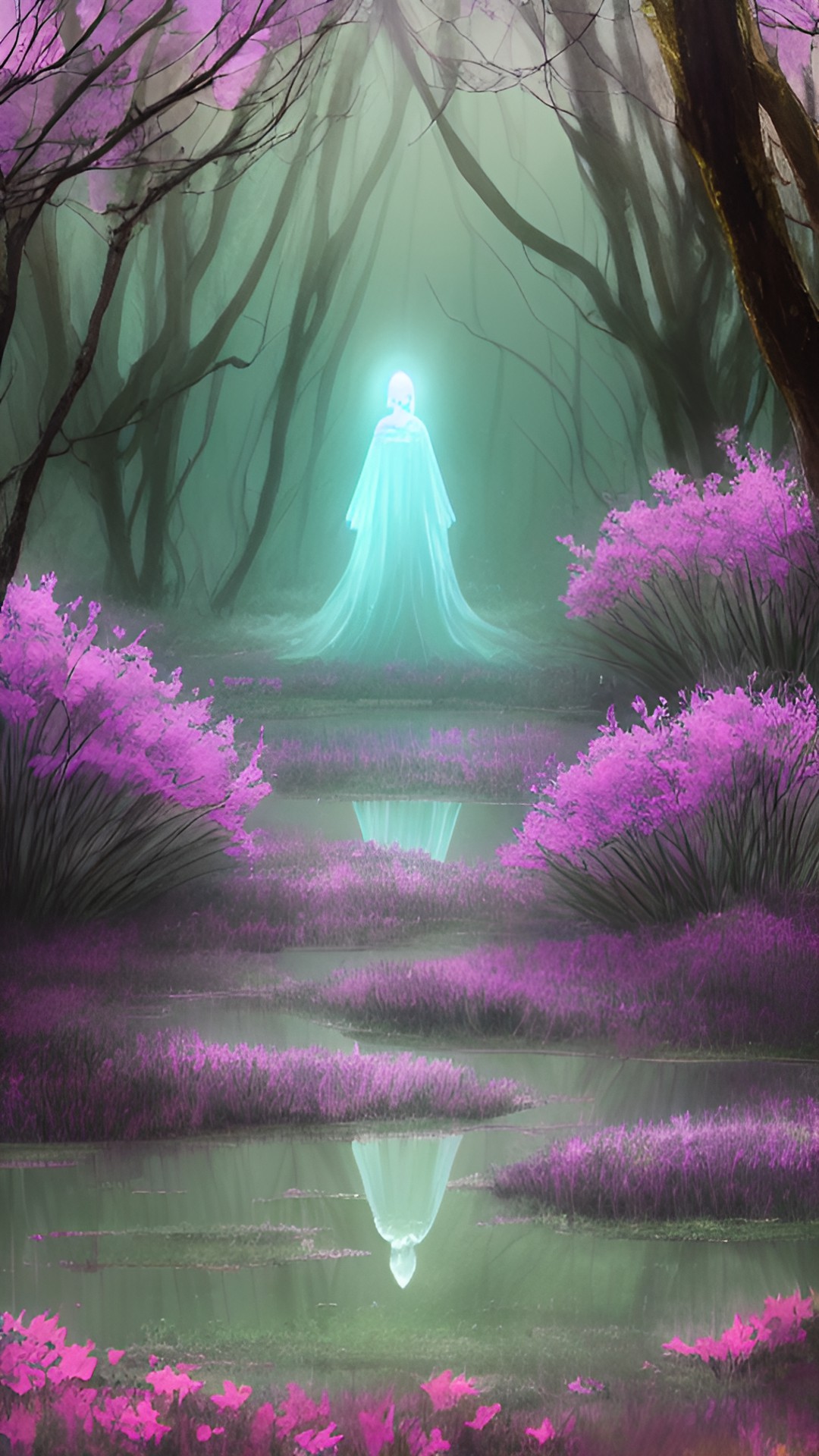 an ethereal figure in a blooming swamp preview