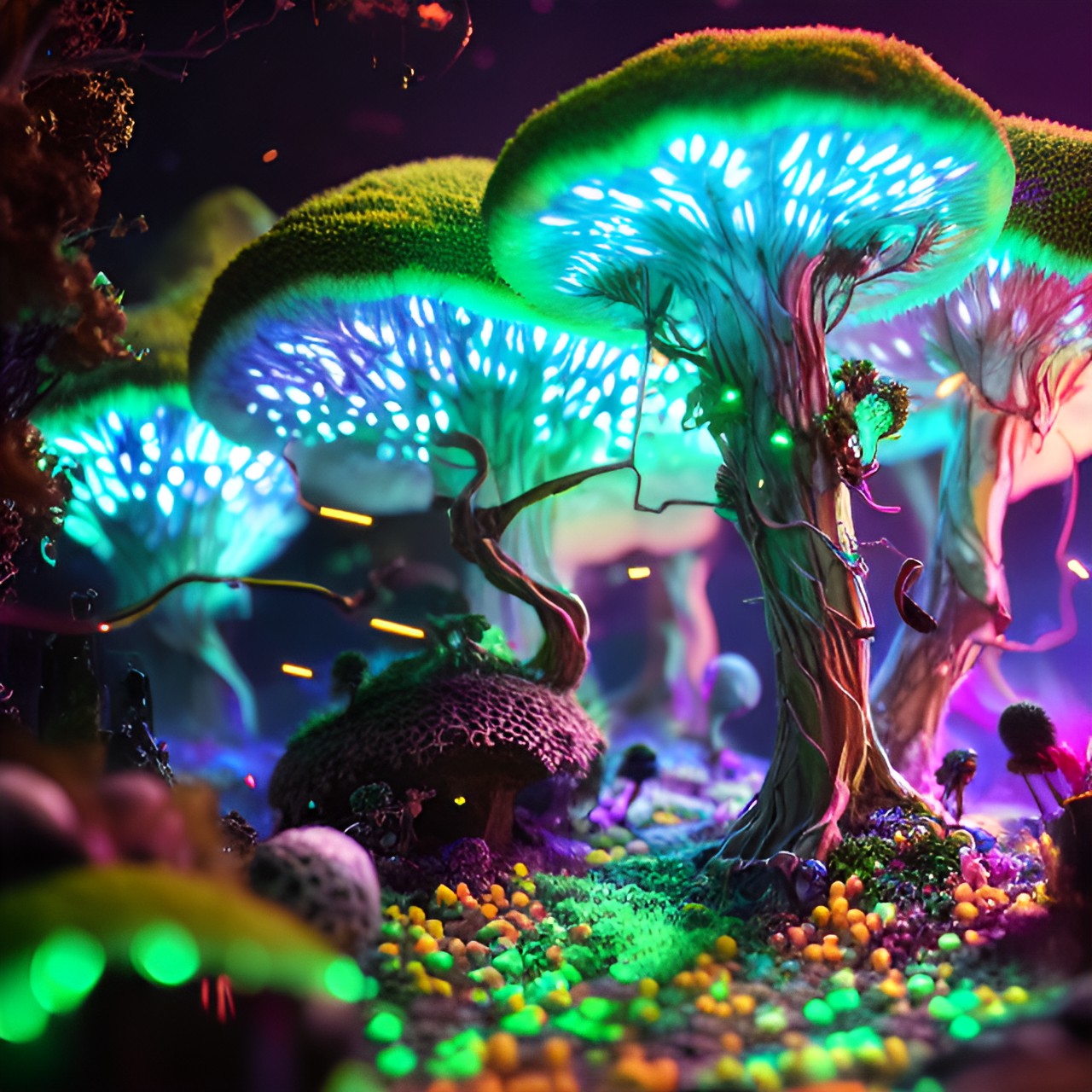 mycelium , magic, glowing colors, magic in the air , full hd, 8k, network of mycelium communicating and glowing underground preview