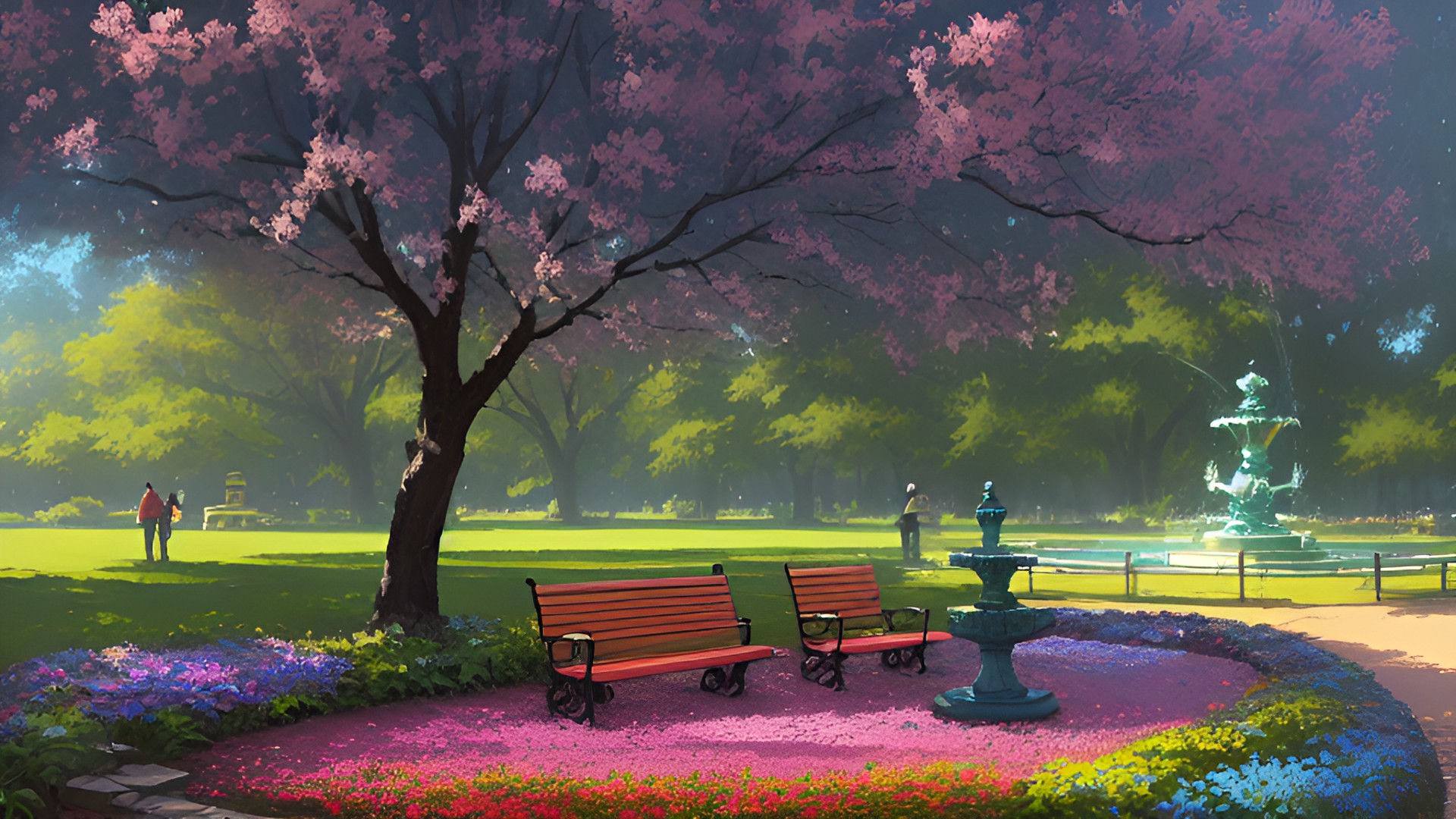 Park bench - park bench in a forest with a fountain and flowers. preview