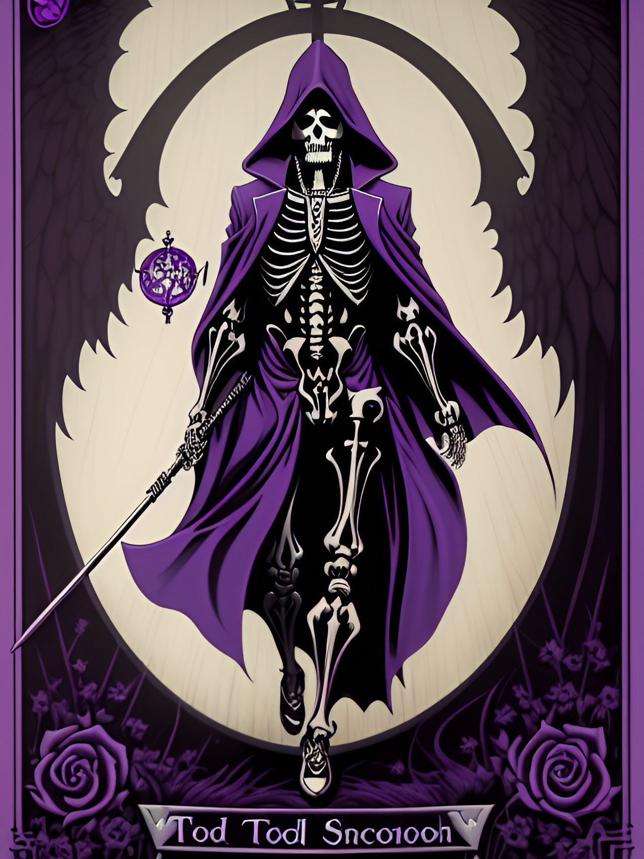 purple and black grim reaper skeleton with scythe tarot card preview