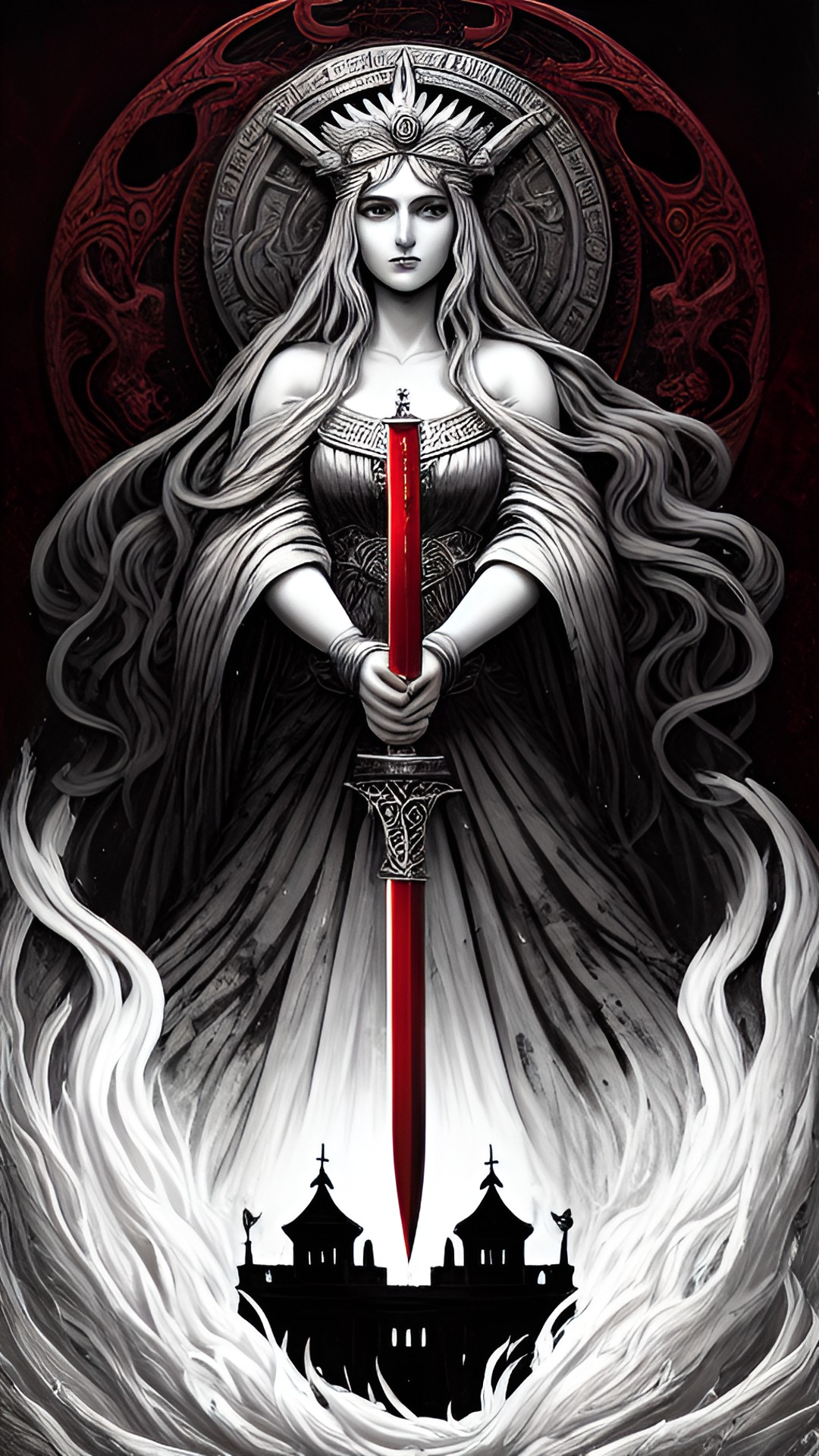 luste is the greek goddess of blood . she is often depicted as a powerful woman, holding a flowing red sword in her hand. preview