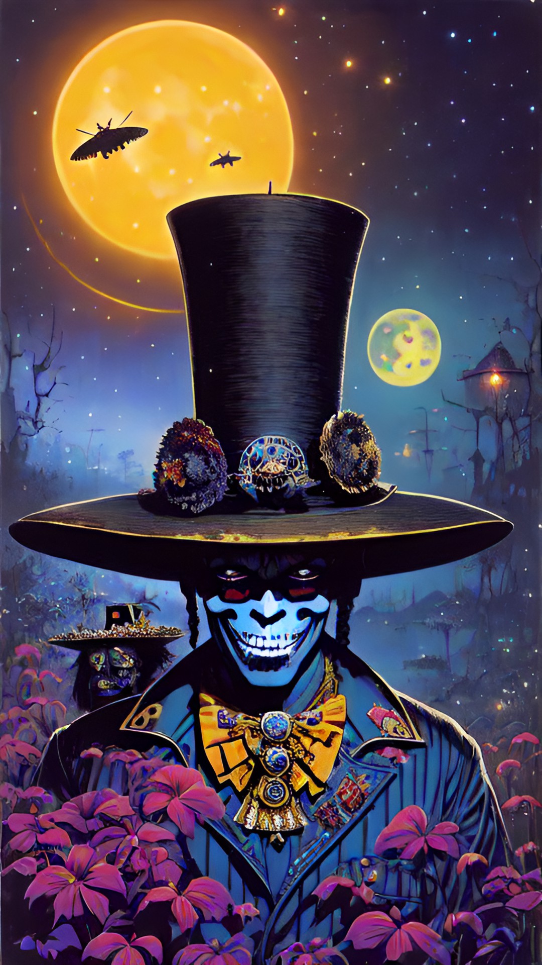 two moons - portrait: cheerful baron samedi. rum and cigare. night, fireflies, swamp, stars. intricately-detailed, fantasy, mythological, 64k, 5d, super-resolution, full-hd preview