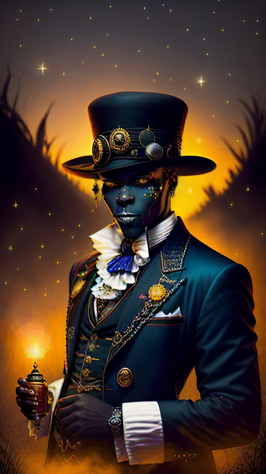 portrait: cheerful baron samedi. rum and cigare. night, fireflies, swamp, stars. intricately-detailed, fantasy, mythological, 64k, 5d, super-resolution, full-hd. style of stefan koidl. preview