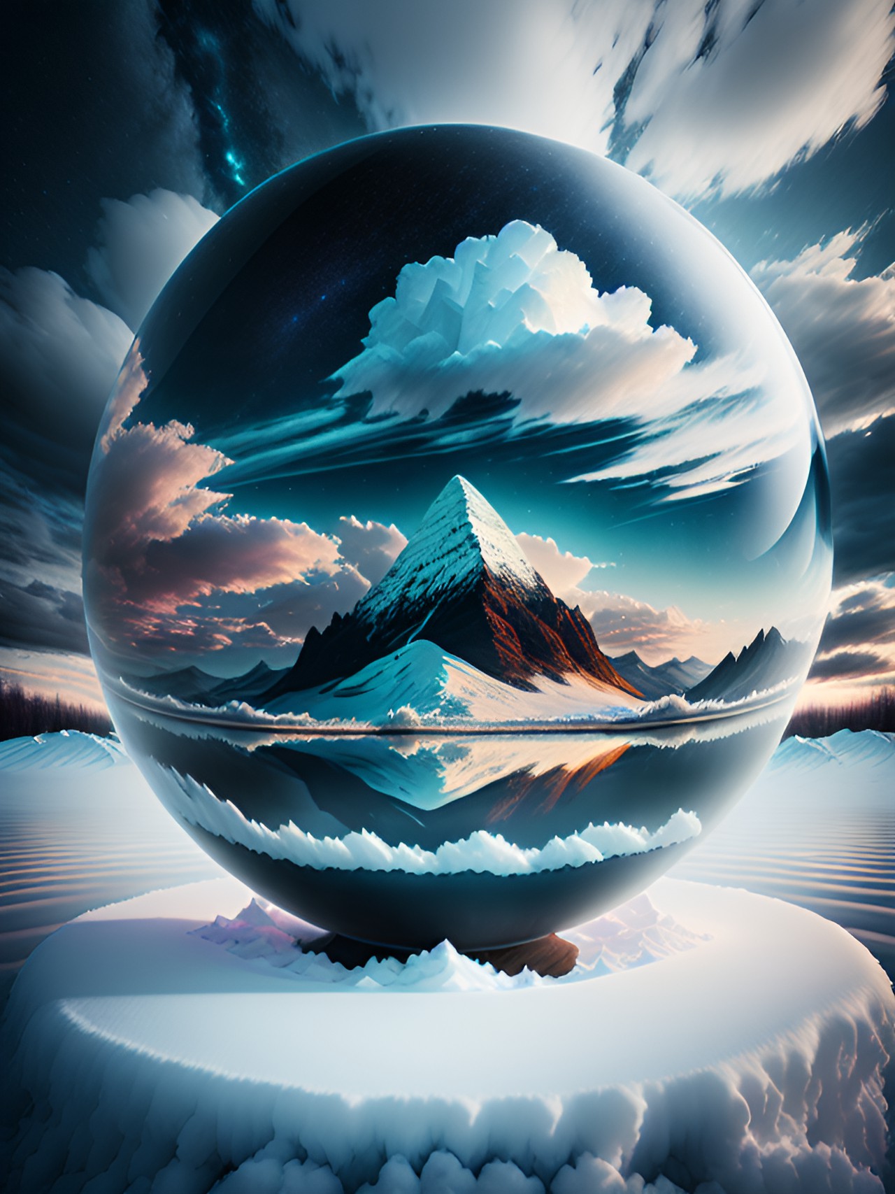 sphere, water, clouds, mountain, snow preview