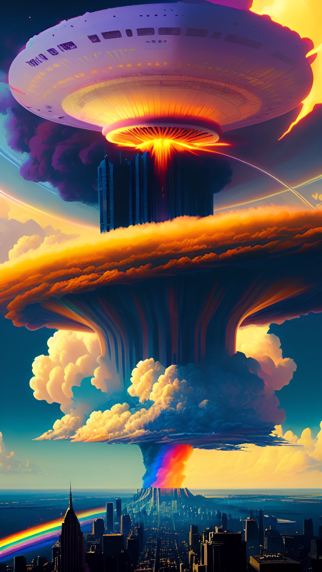 The Resue over NYC - rainbow nuclear explosion with mushroom cloud over manhattan preview