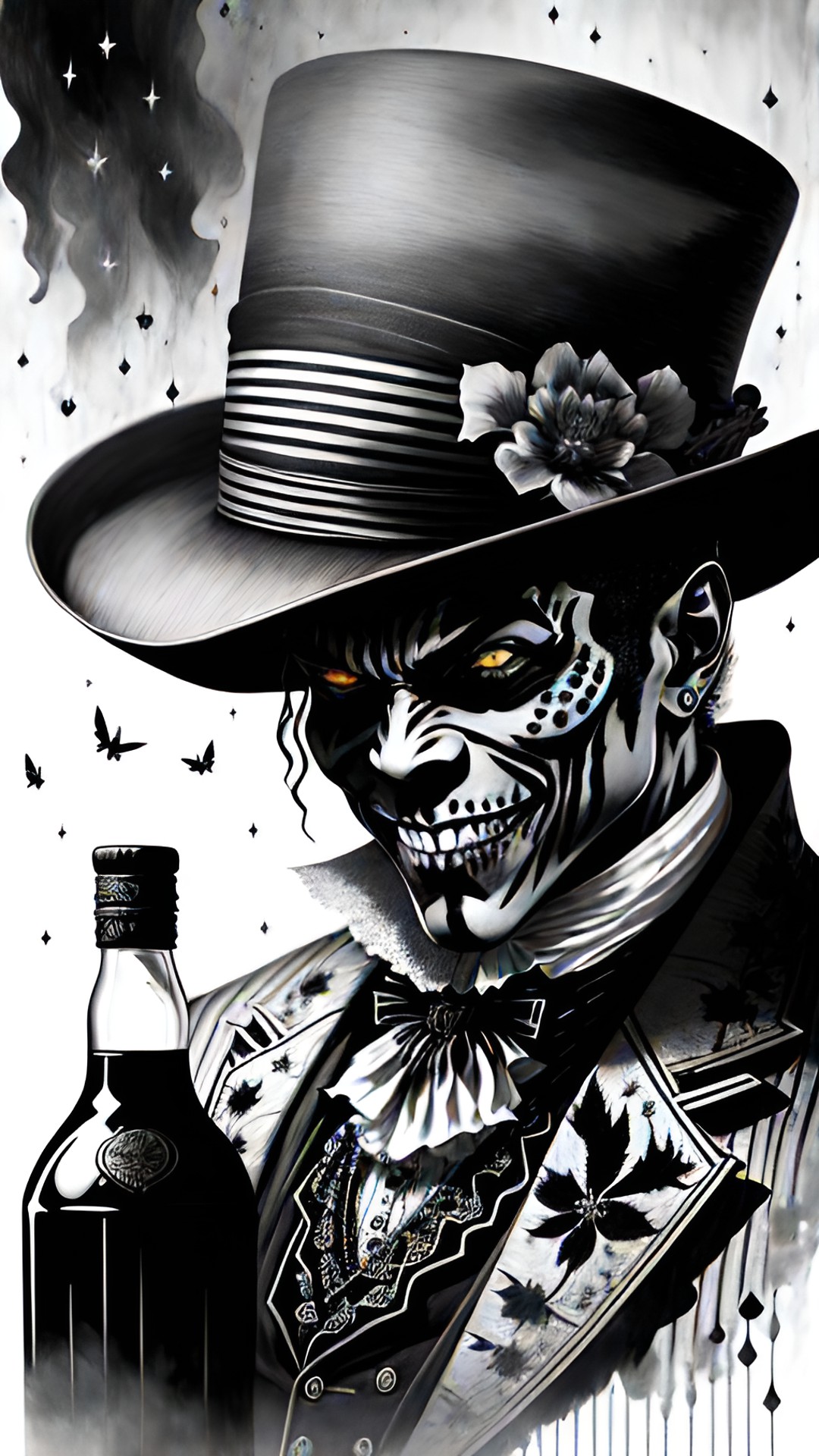 Baron Samedi 6 - portrait: one cheerful scary baron samedi. bottle of rum and cigare. night, fireflies, swamp, stars. intricately-detailed, fantasy, 64k, 5d, super-resolution, full-hd. style of stefan koidl. preview