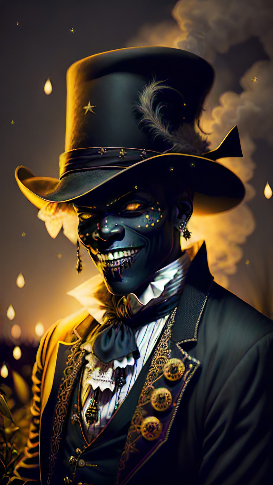 Night on the swamp - portrait: one cheerful scary baron samedi. bottle of rum and cigare. night, fireflies, swamp, stars. intricately-detailed, fantasy, 64k, 5d, super-resolution, full-hd. style of stefan koidl. preview